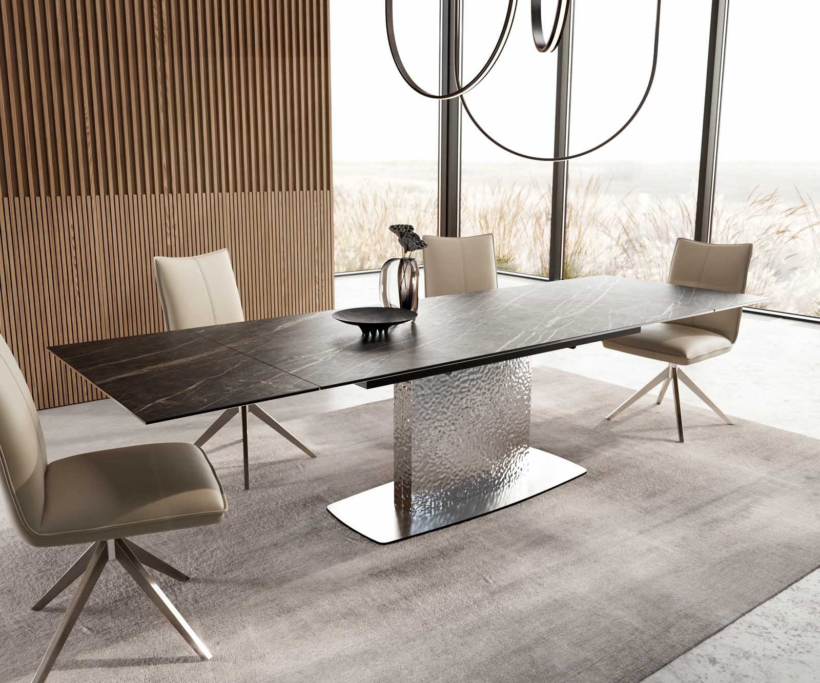 Table à manger Edge 200-300x100 céramique Laminam®Noir Desir marron Wave acier inoxydable extensible 7