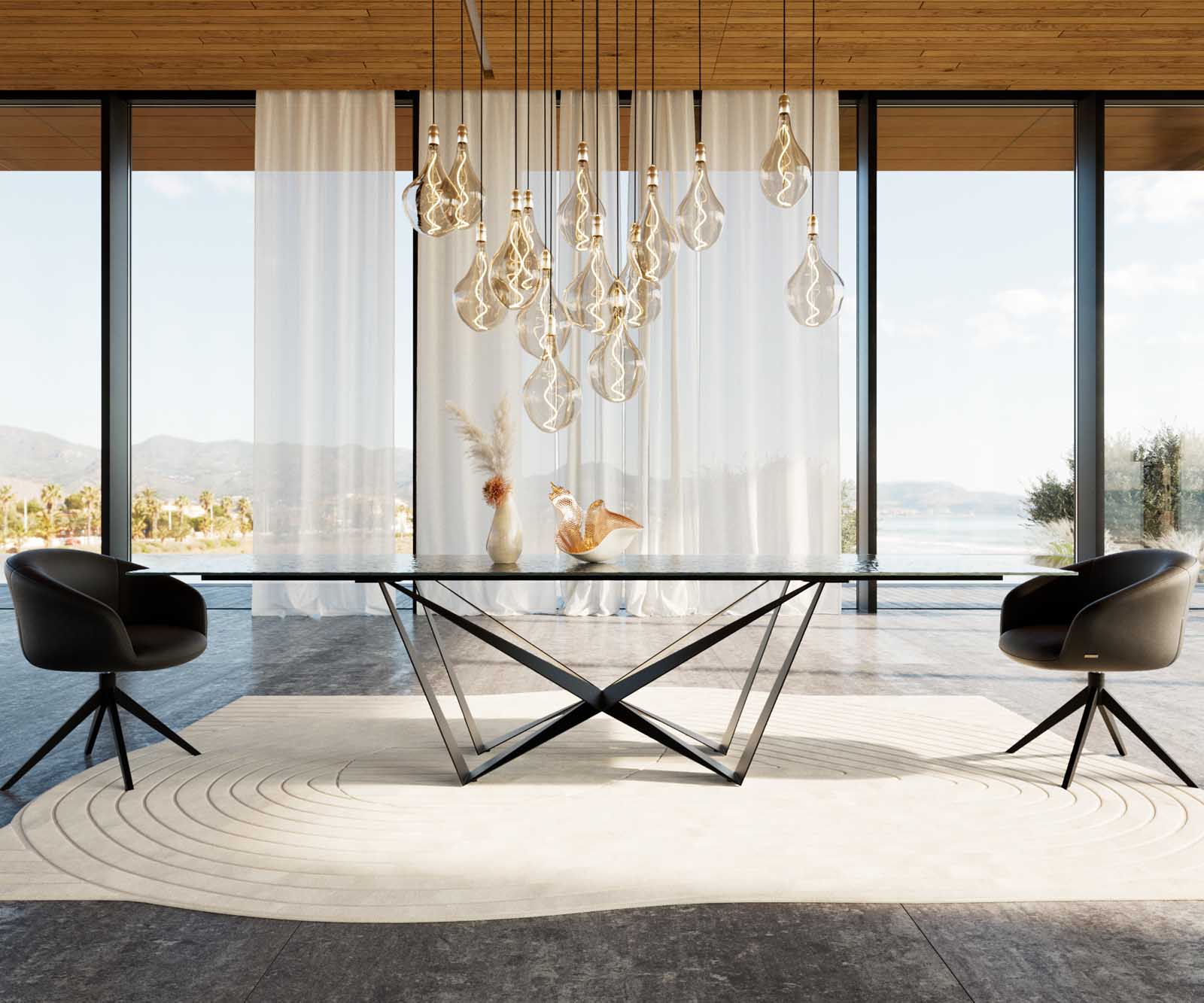 Esstisch Edge 300x100 Reliefglas Rauchschwarz 3D-Design Spider Flachstahl Schwarz 1 Esstisch Edge 300x100 Reliefglas Rauchschwarz 3D-Design Spider Flachstahl Schwarz 1