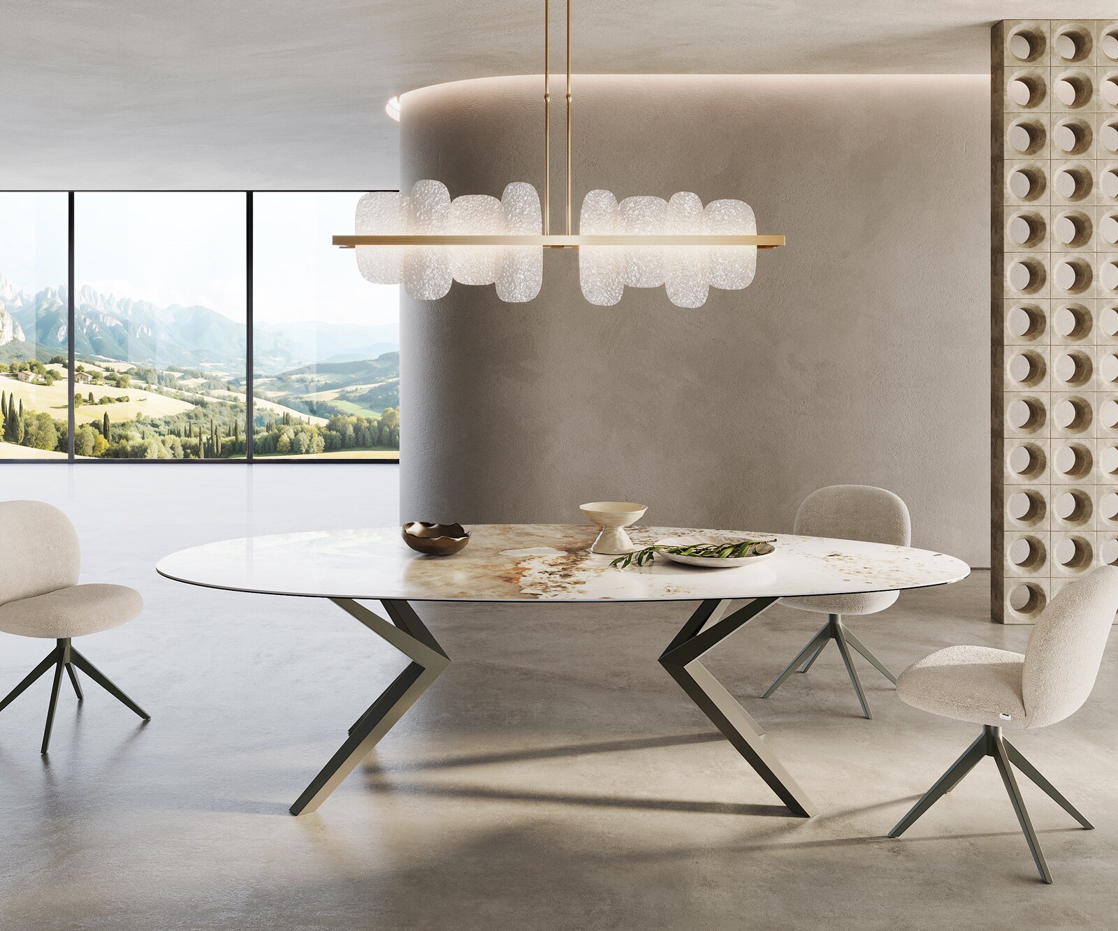 Table à manger Edge Ovale 280x130 Céramique Minas Melange Blanc-Beige Zenthara anguleux Métal finition à effet Titane