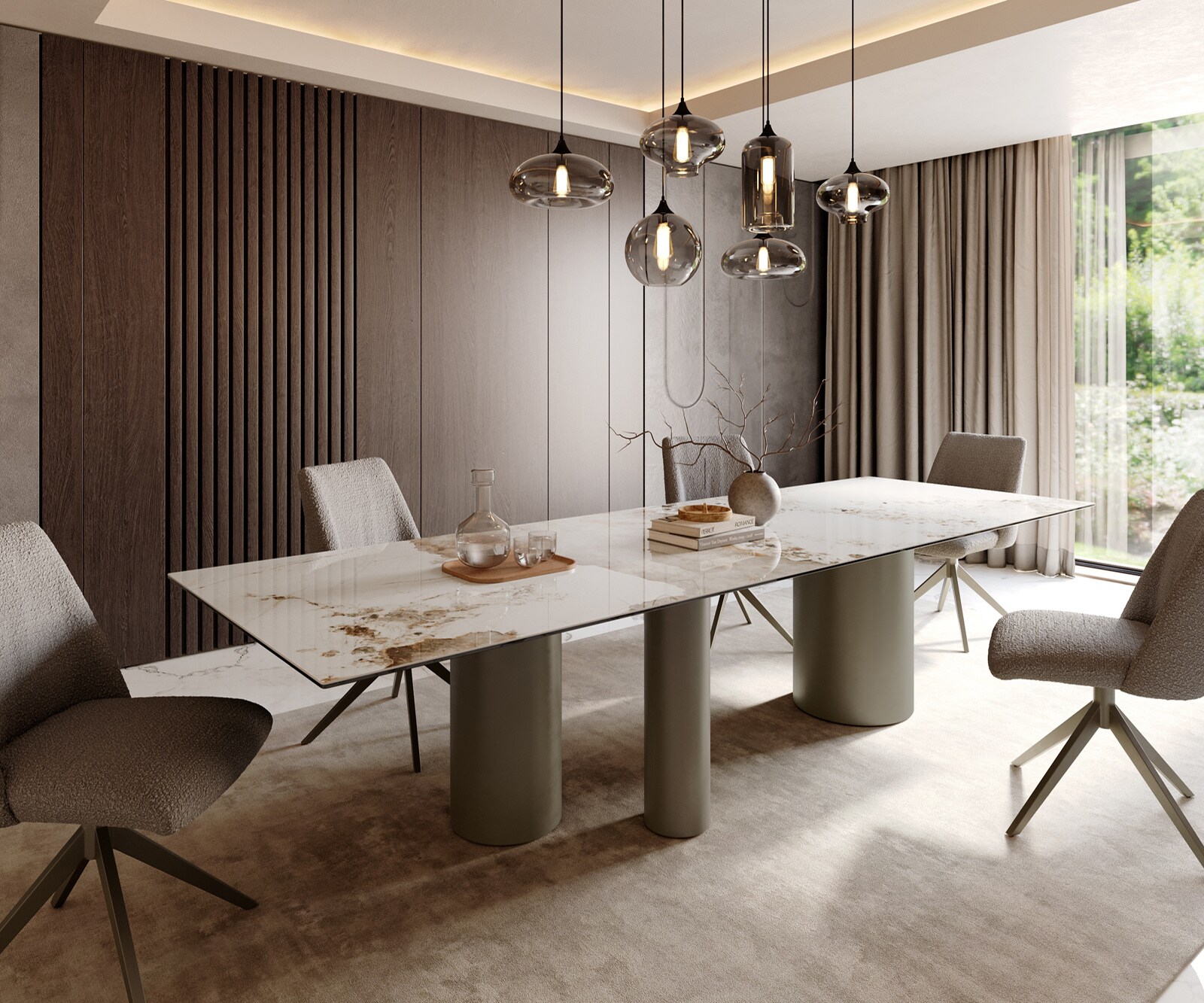 Esstisch Edge 300x100 Keramik Minas Melange Weiß-Beige Troa Metall Effektfinish Titan 1