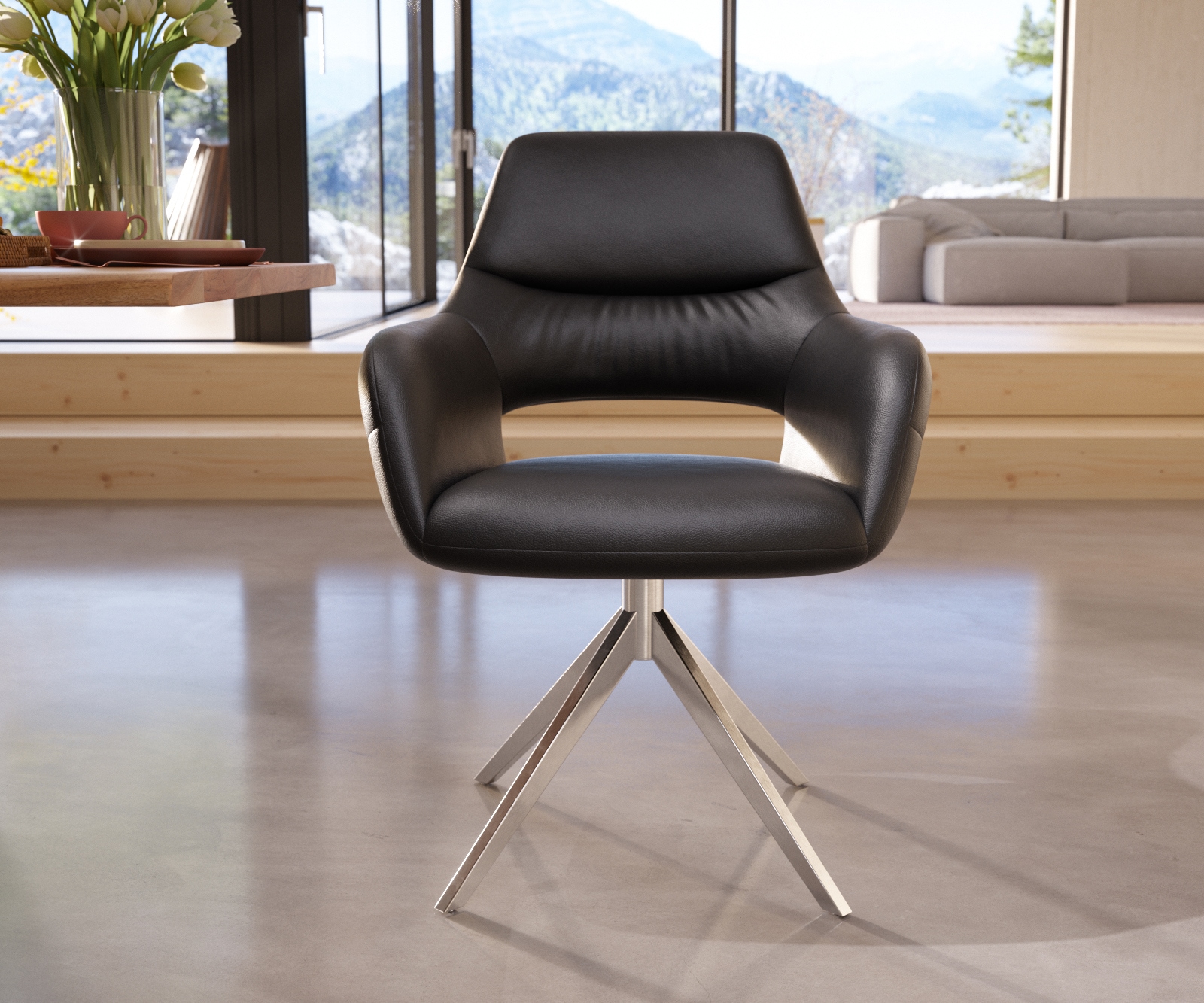 Esszimmerstuhl Yago-Flex mit Armlehnen Echt-Leder Schwarz Kreuzgestell breit Edelstahl Taschenfederkern 1 Esszimmerstuhl Yago-Flex mit Armlehnen Echt-Leder Schwarz Kreuzgestell breit Edelstahl Taschenfederkern 1