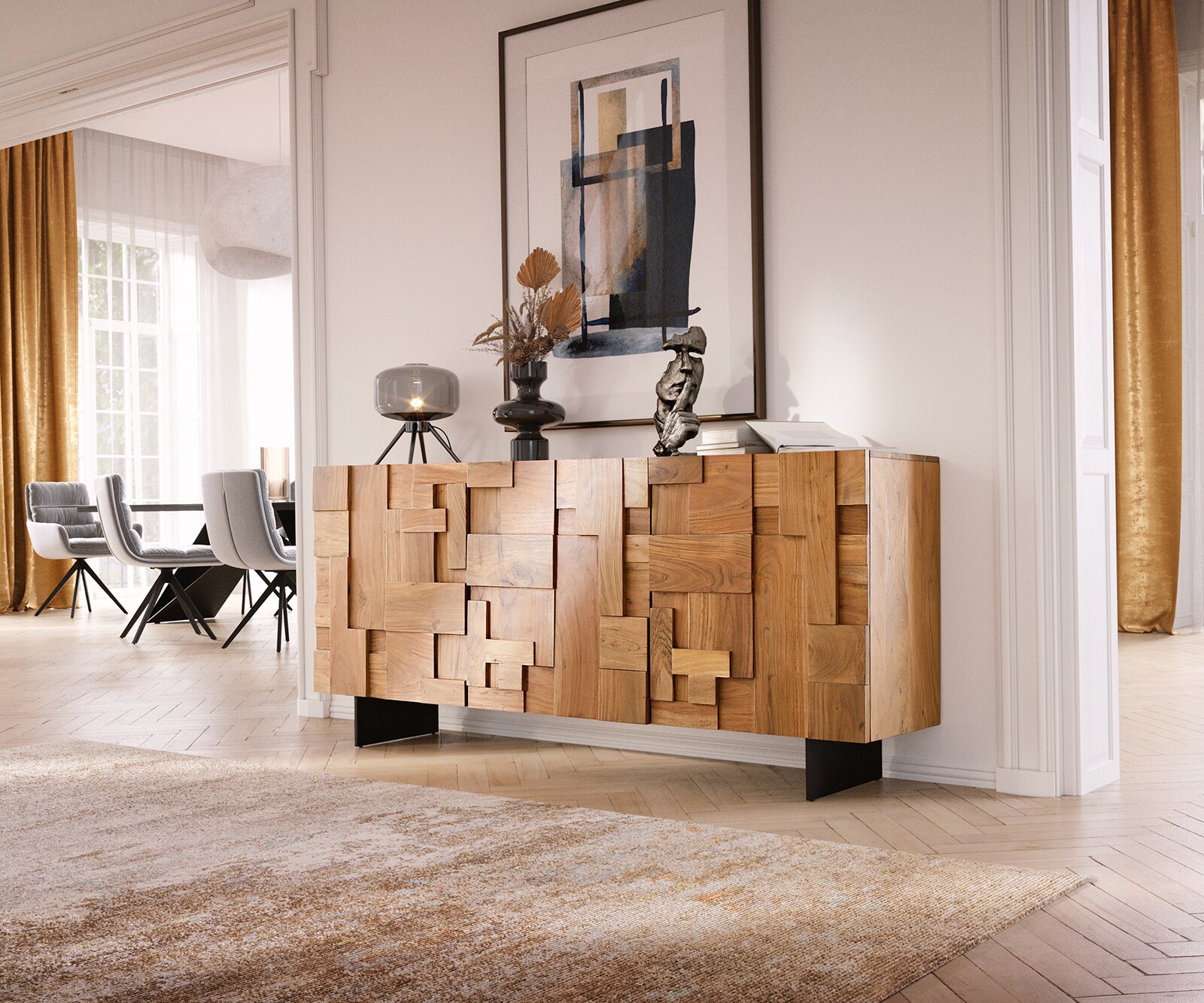 Buffet Puzzle 175 cm acacia naturel 3 portes pied flottant métal noir 1