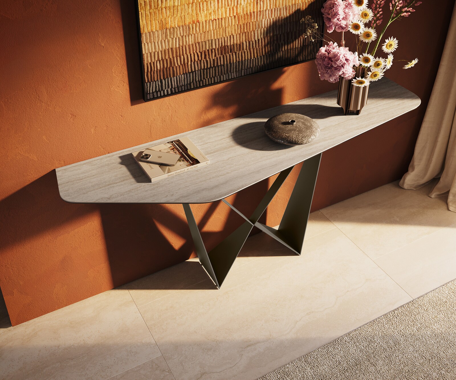 Console Edge Polygonal 180x50 cm Céramique Laminam® Travertino Bianco Creme-Weiß Spios Métal Effektfinish Titan 3
