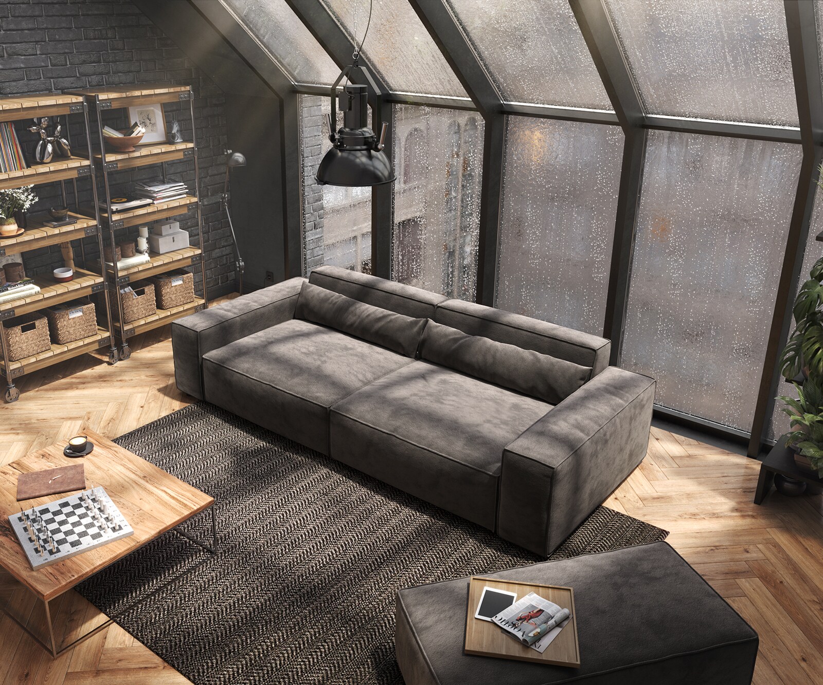 Big-Sofa Sirpio XL 270x130 cm Mikrofaser Khakibraun mit Hocker 3