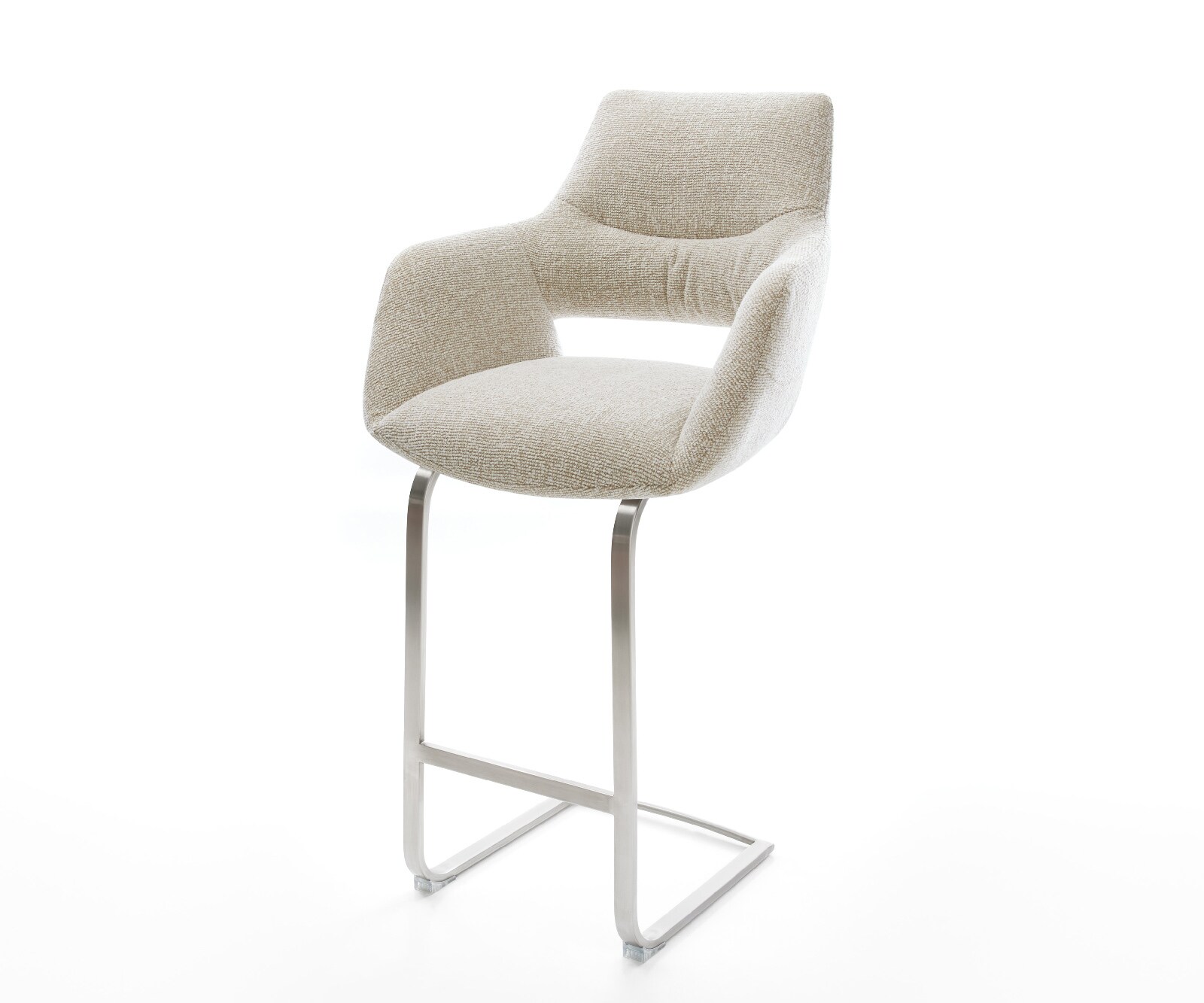 Chaise-de-bar Yago-Flex Tissu tissé doux Beige Pied cantilever acier inoxydable Argent Ressort ensaché