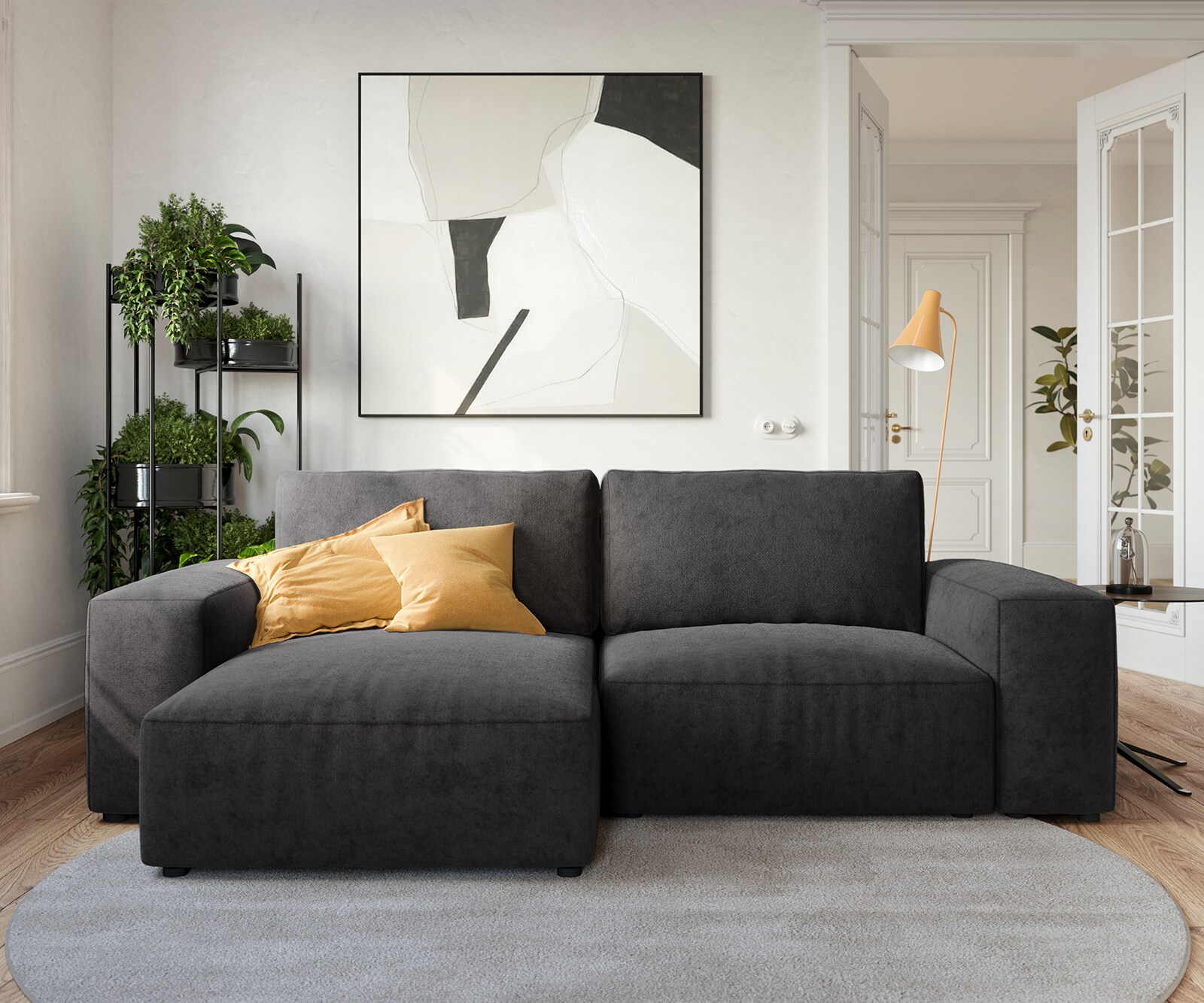 Canapé d’angle Lanzo 230x155 cm microfibre noir méridienne réversible 1