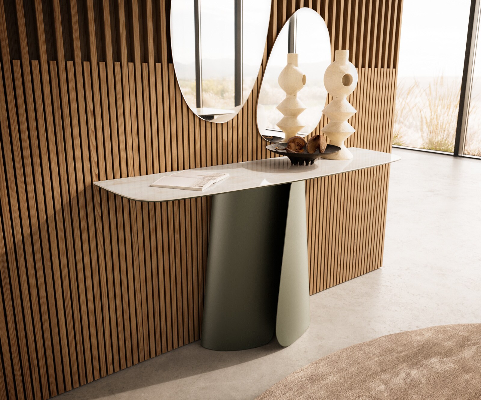 Console Edge forme bateau 140x40 cm Céramique Onyx Champagne Livos Métal Effektfinish Titan 3