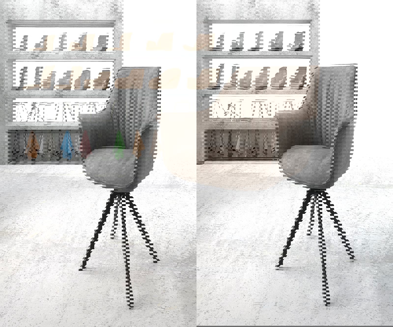 Drehstuhl Keila-Flex mit Armlehnen Taupe Vintage Kreuzgestell kantig Schwarz 180° drehbar