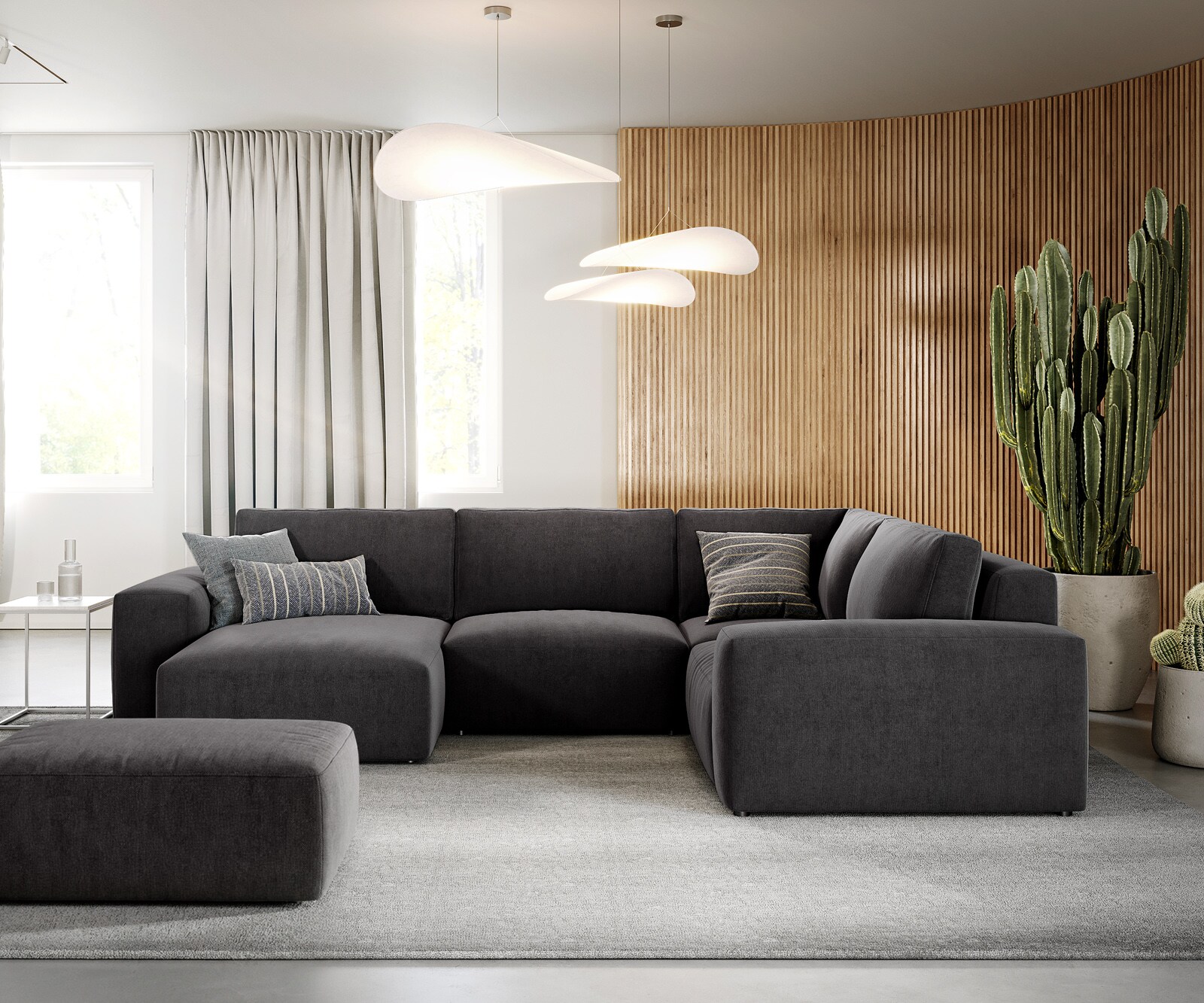 Wohnlandschaft Lanzo 300x210 cm Mikrofaser Schwarz Recamiere variabel mit Hocker