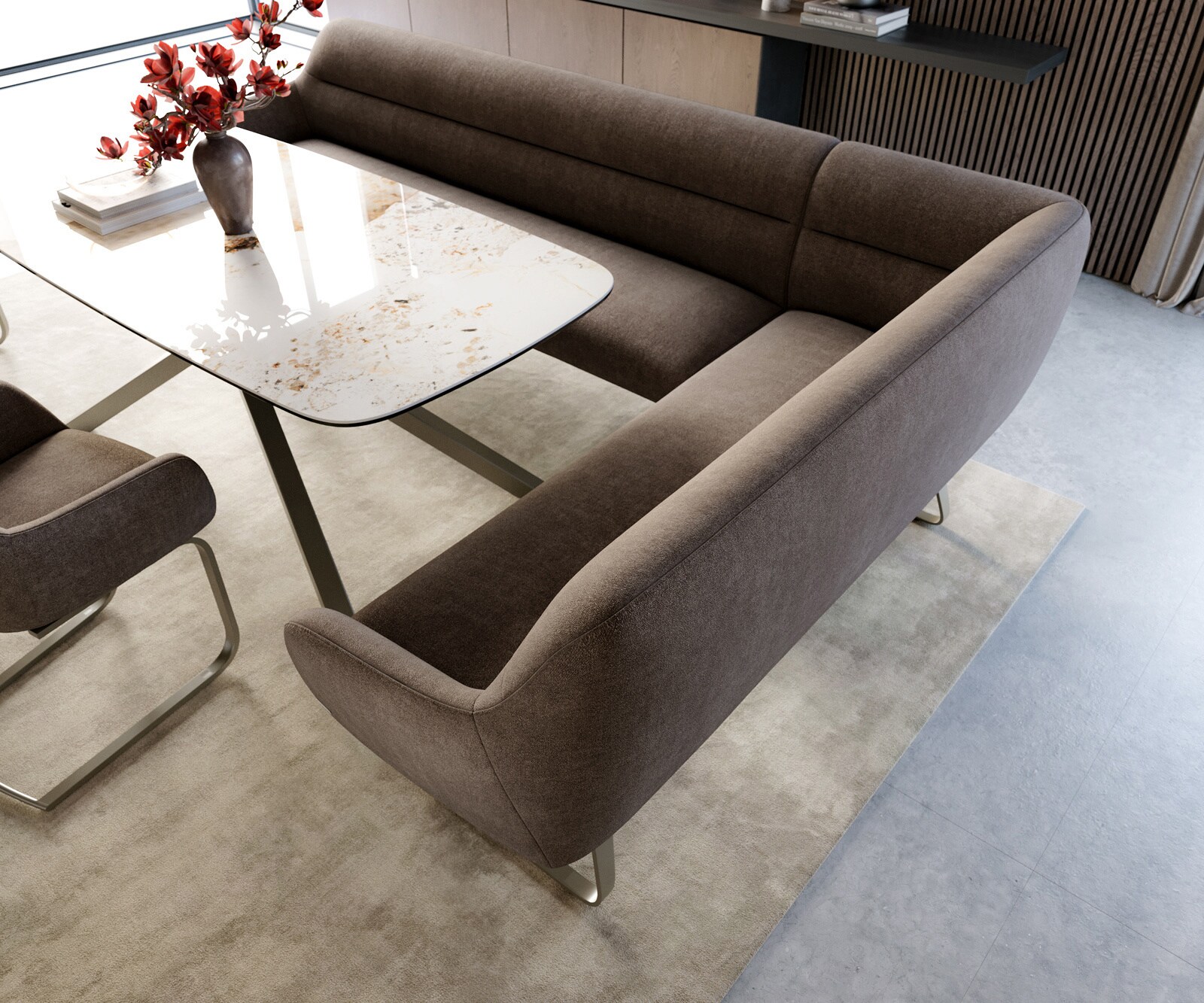 Esszimmerbank Taya-Flex 285x190 cm Strukturstoff Soft Taupe Kufengestell flach Effektfinish Titan Taschenfederkern Links 3
