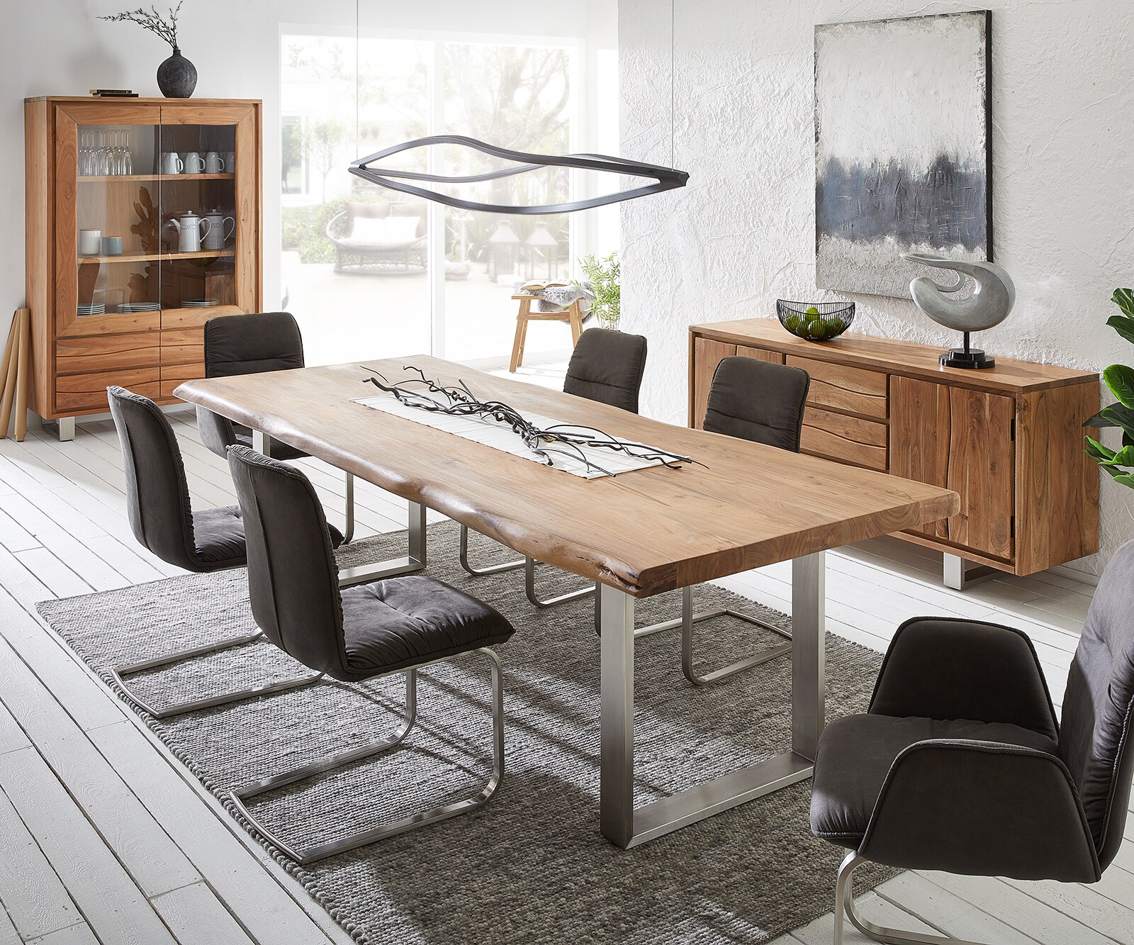 Vitrine Live-Edge 120x190 cm Akazie Natur gerade Kante 2 Türen 4 Schubladen Massiv 9