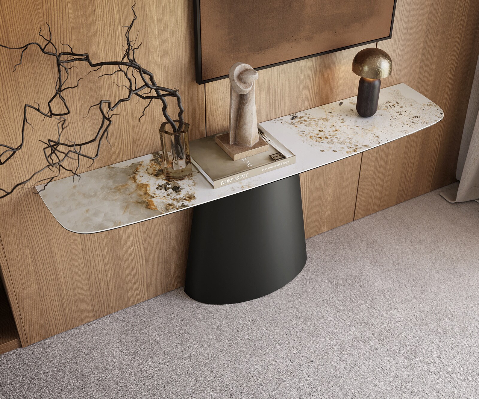 Console Edge forme bateau 180x40 cm Céramique Minas Melange Weiß-Beige Conos Métal Noir 2