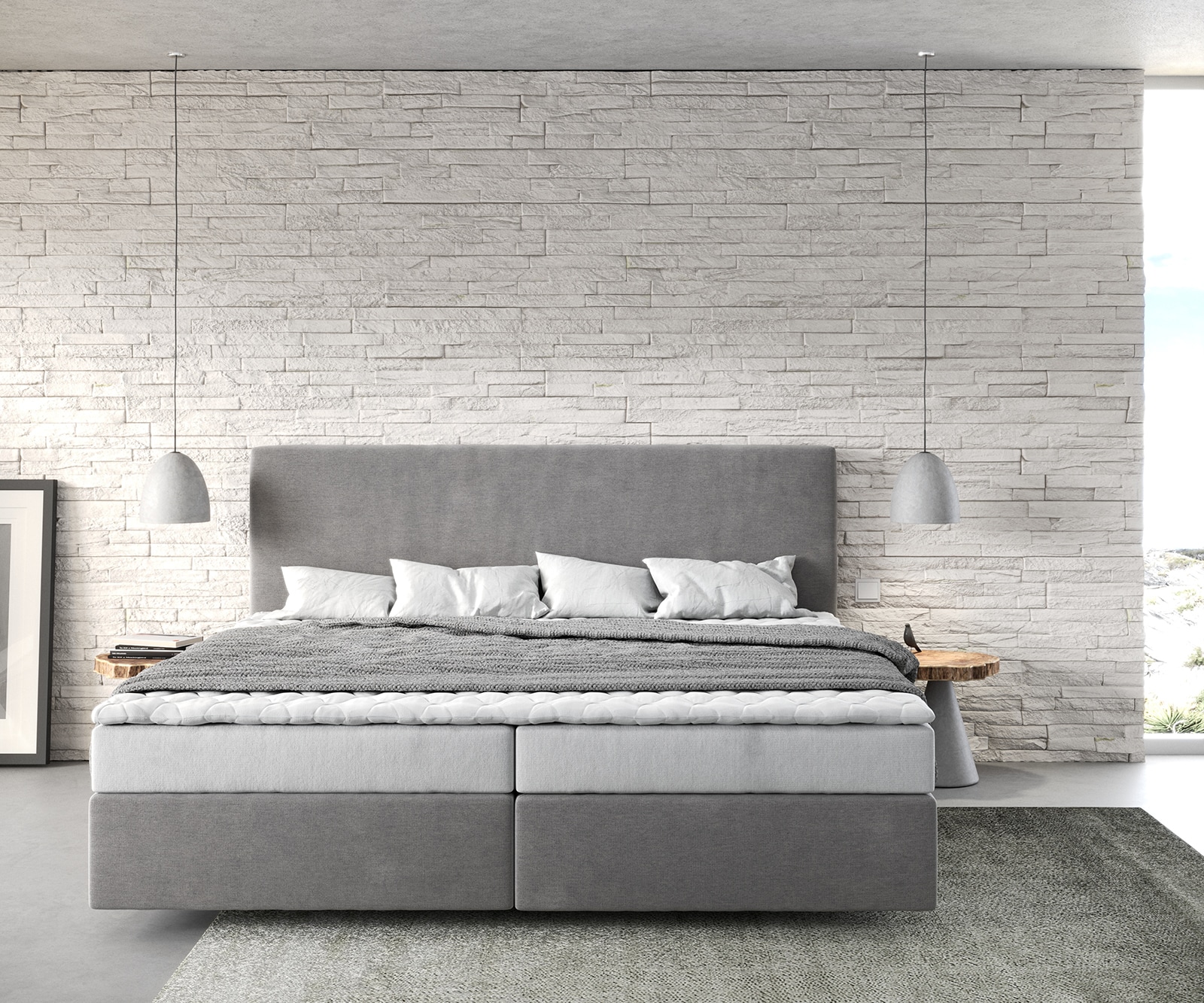 Boxspringbett Dream-Well Mikrofaser Grau 200x200 cm Bonell-Matratze PU-Topper 1 Boxspringbett Dream-Well Mikrofaser Grau 200x200 cm Bonell-Matratze PU-Topper 1