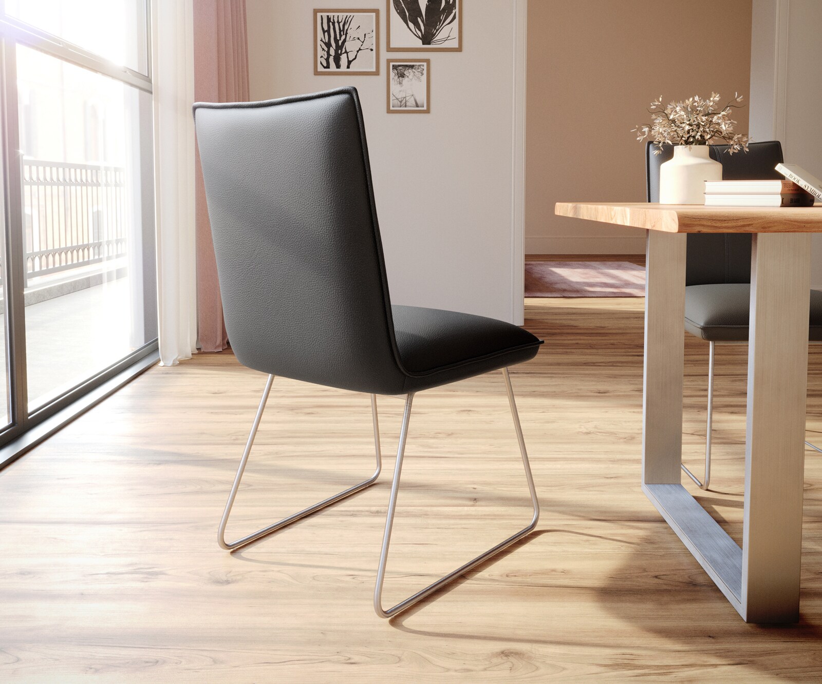 Esszimmerstuhl Lelio-Flex Echt-Leder Schwarz Kufengestell Edelstahl Taschenfederkern 5