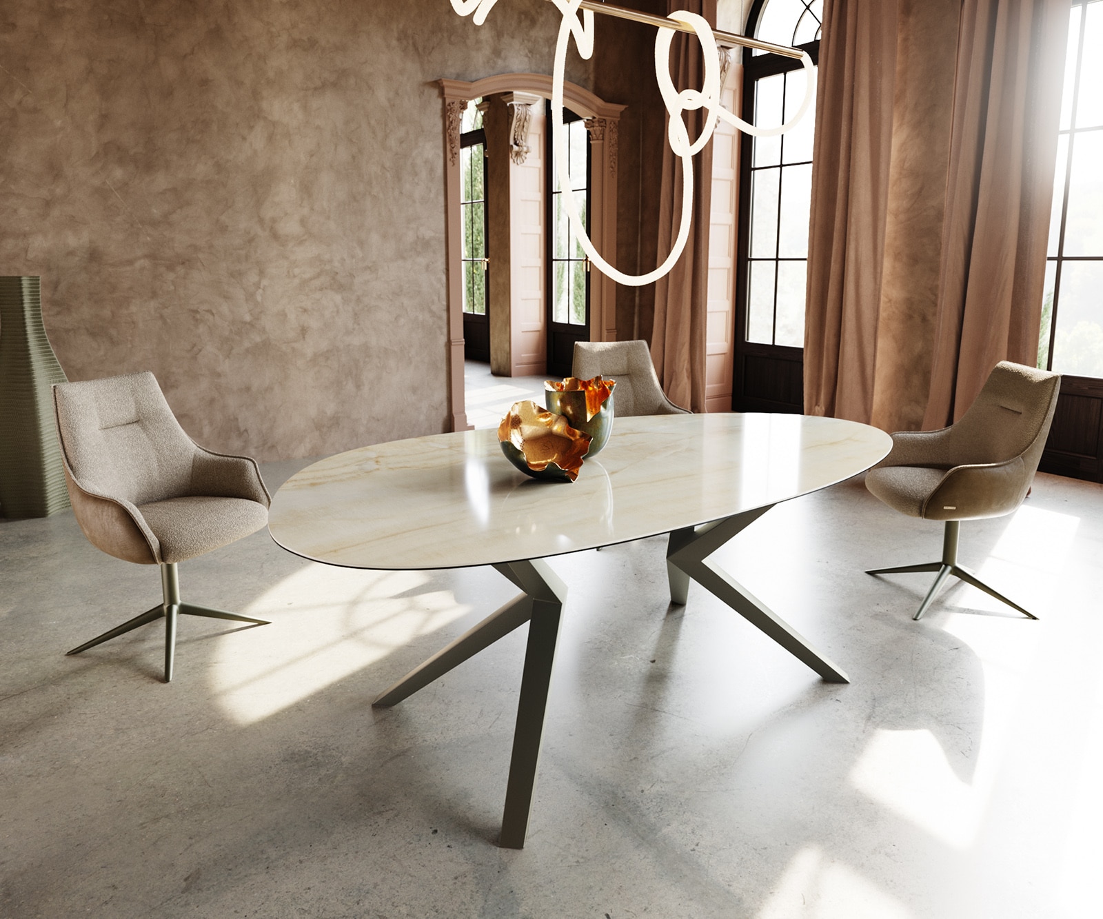 Esstisch Edge Oval 220x120 Keramik Iris FMG Onice Oro Zenthara kantig Metall Effektfinish Titan