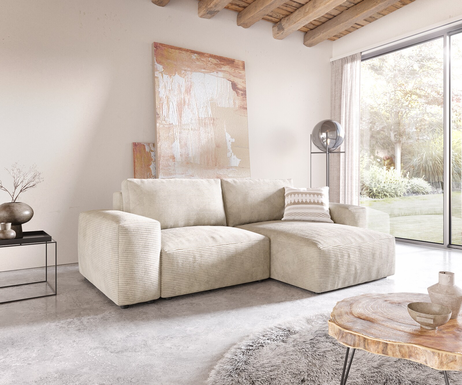 Canapé d'angle Lanzo XL 270x180 cm Velours côtelé Beige Recamière variable 2