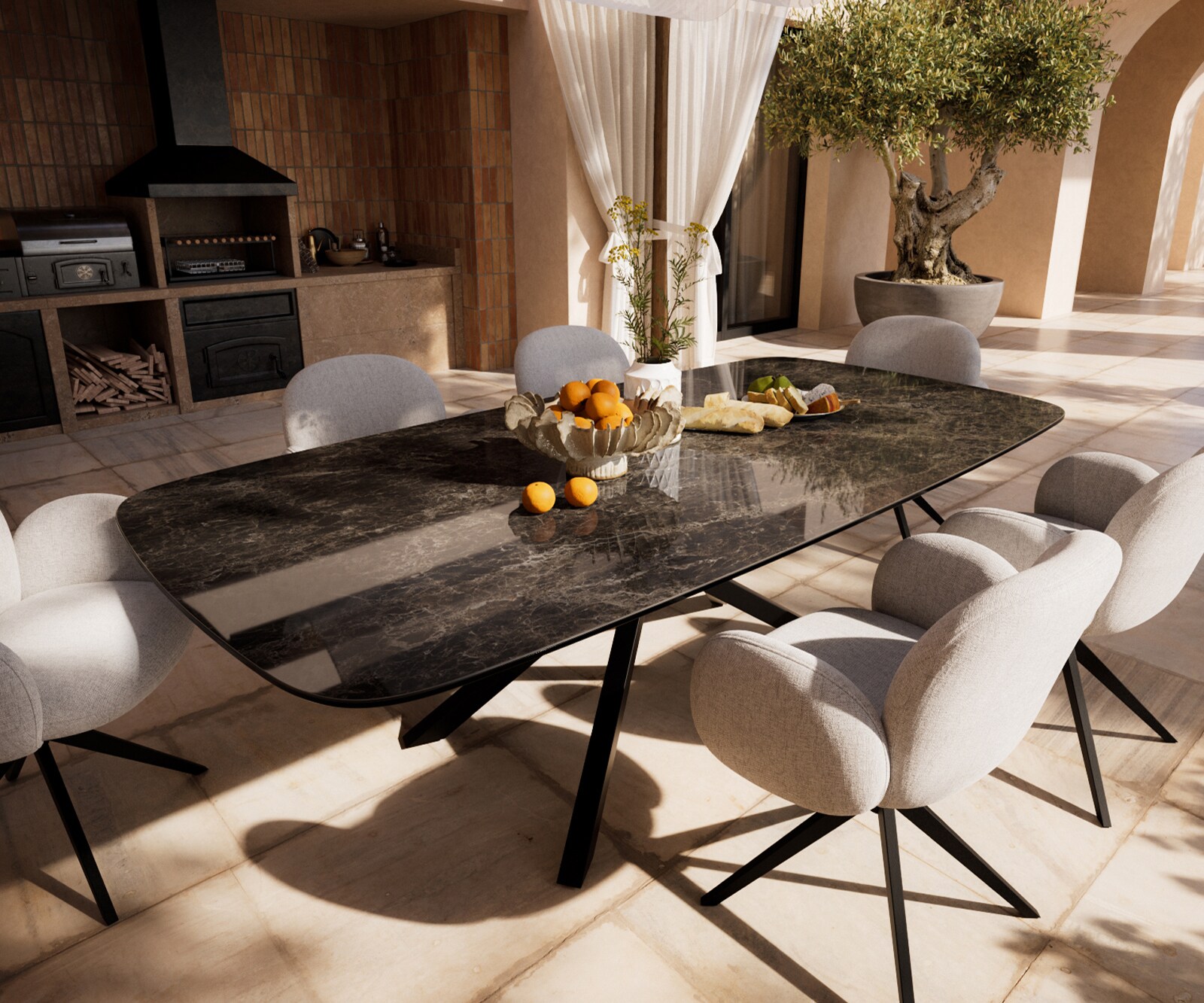 Table d’extérieur Edge Boot 240x120 cm céramique Laminam® Emperador Extra Lucidato brun foncé piètement croisé rectangulaire noir 1