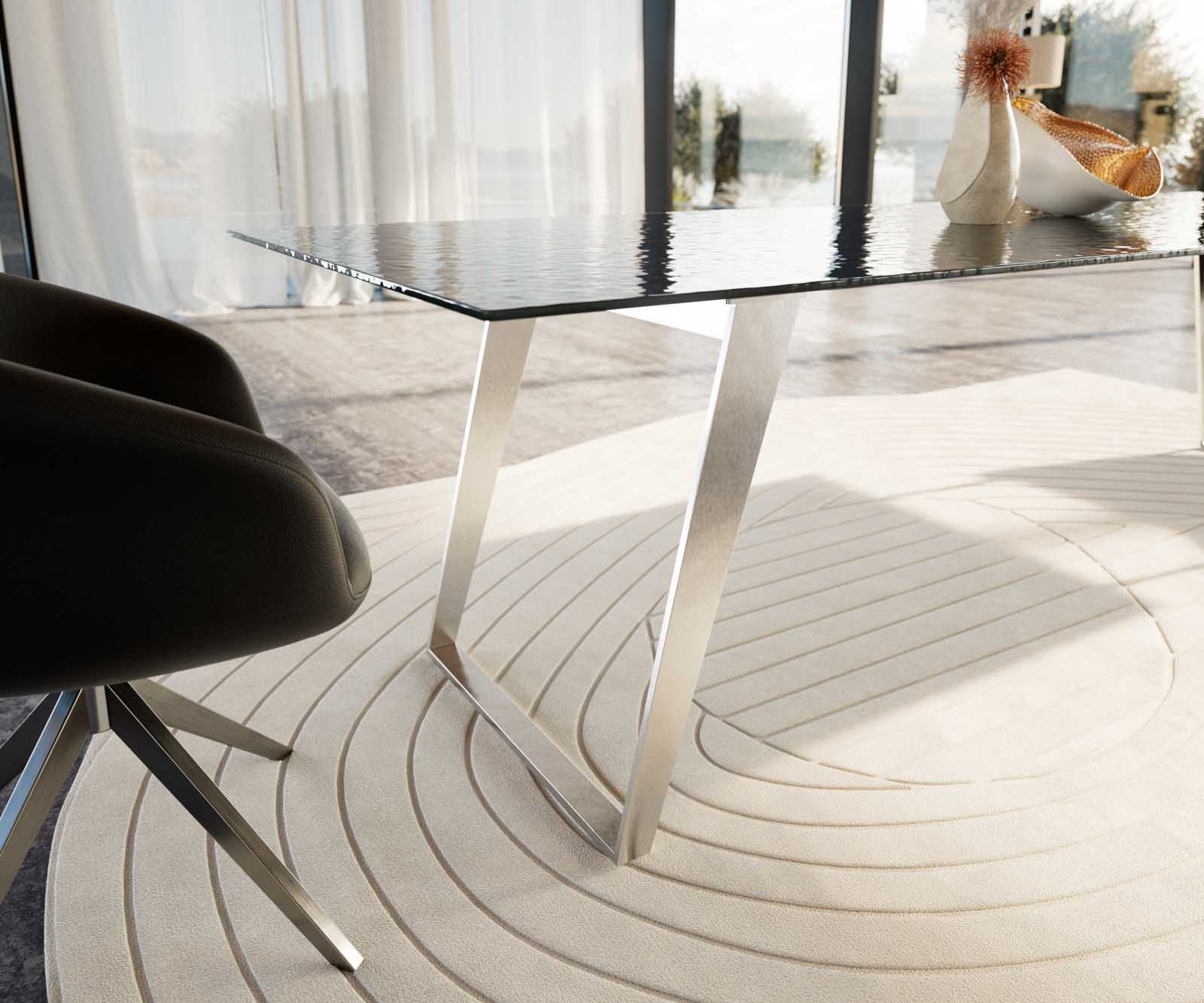 Esstisch Edge 300x100 Reliefglas Rauchschwarz 3D-Design Edelstahl Schräg 6