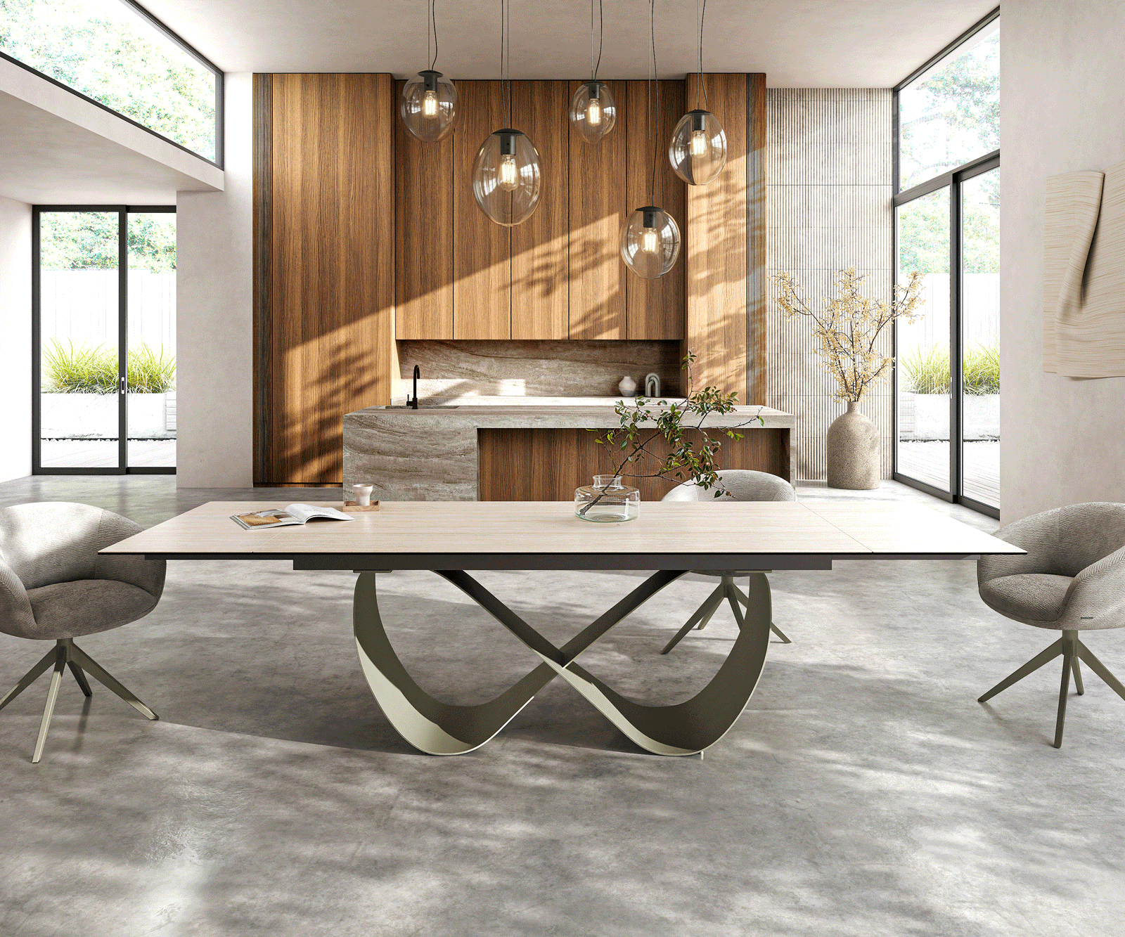 Esstisch Edge 200-300x100 Keramik Laminam® Travertino Bianco Creme-Weiß Infinity Metall Effektfinish Titan ausziehbar 1