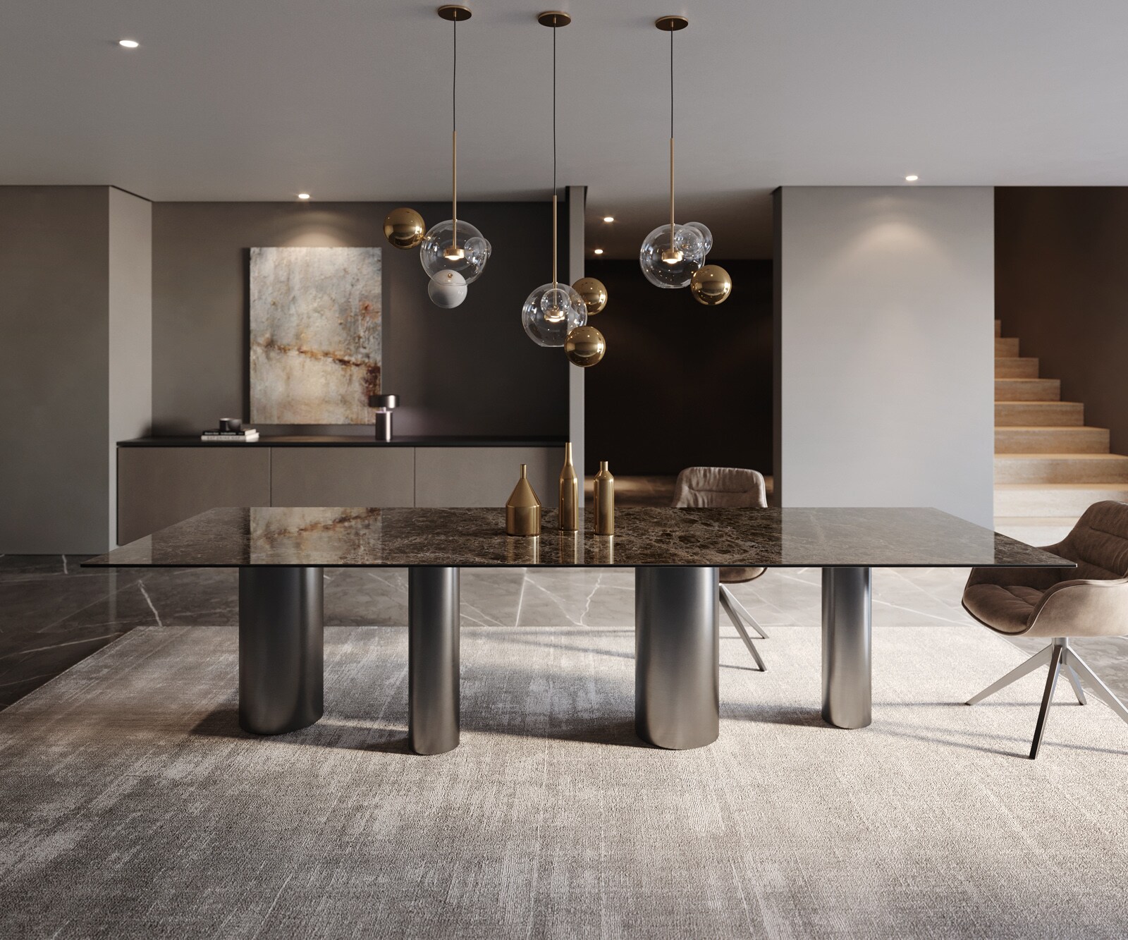 Esstisch Edge 300x100 Keramik Emperador Extra Lucidato Dunkelbraun Pilier Edelstahl Graphit 1