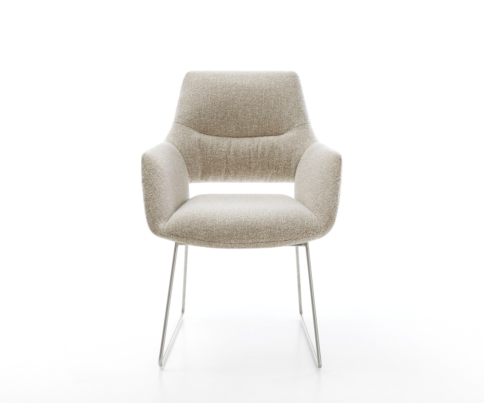 Chaise-de-salle-à-manger Yago-Flex avec accoudoirs tissu tissé doux beige pied trapèze acier inoxydable resorts ensachés 1