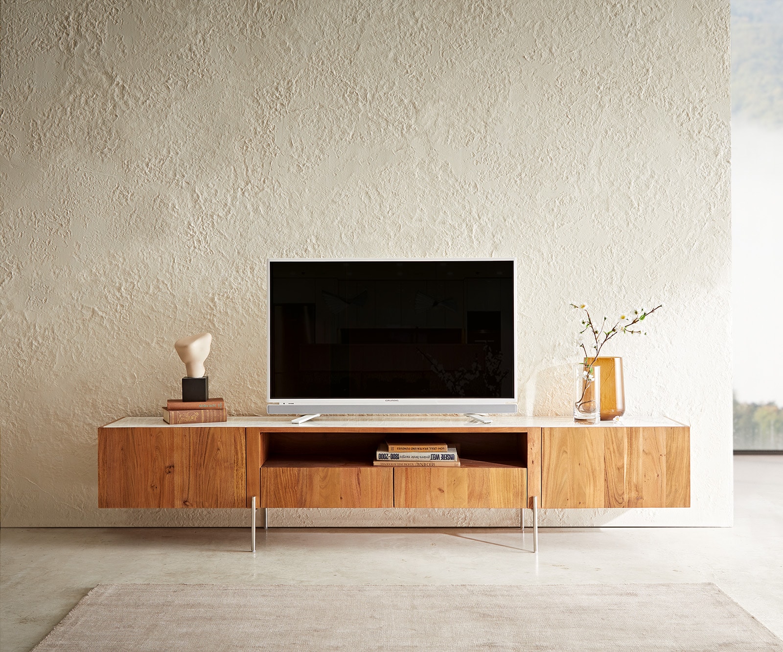 Lowboard Secara 220 cm Akazie Natur 2 Türen 2 Schübe Marmor Füße Edelstahl 1 Lowboard Secara 220 cm Akazie Natur 2 Türen 2 Schübe Marmor Füße Edelstahl 1