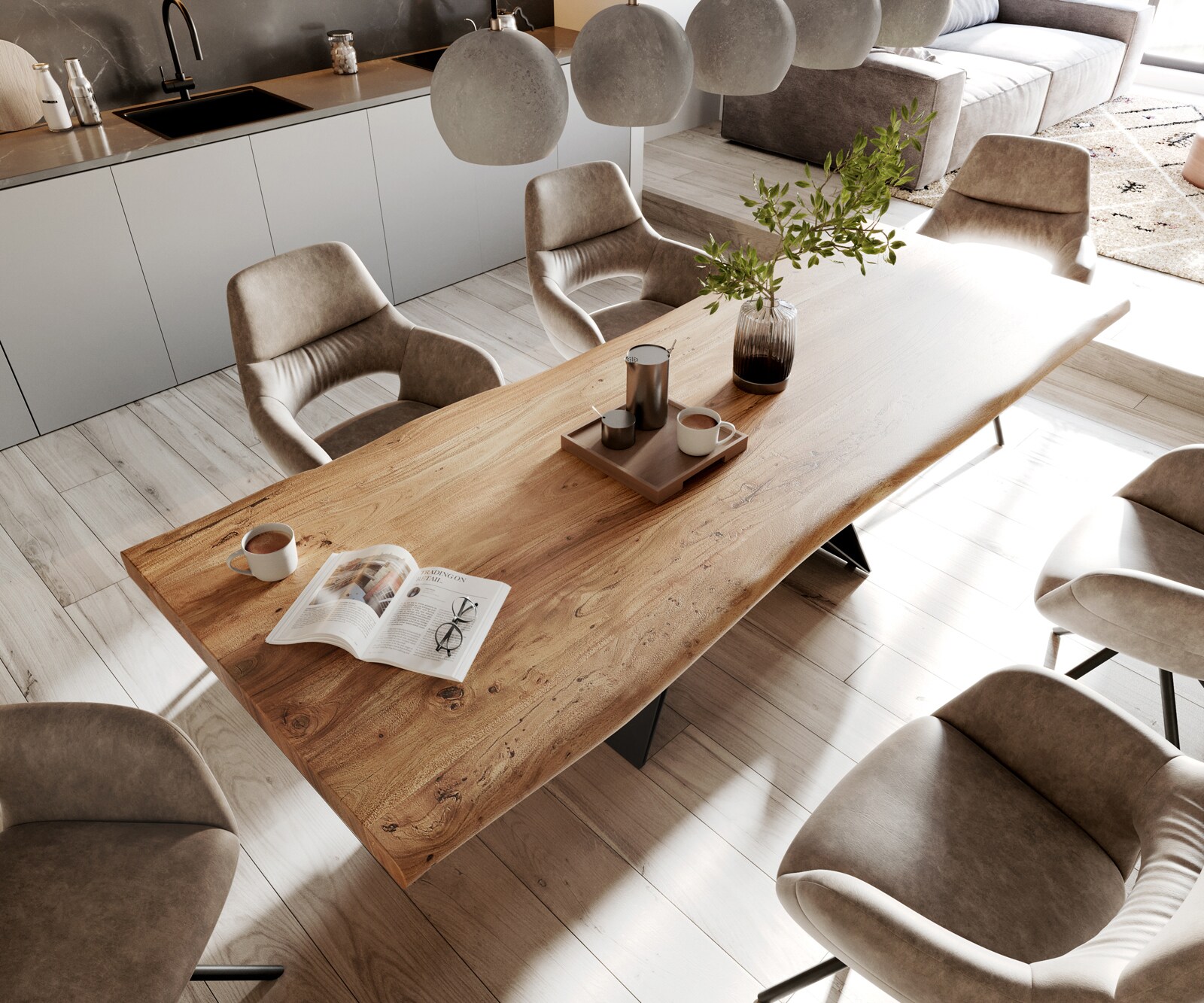 Esstisch Edge 260x100 XL Akazie Natur V-Gestell Flachstahl Schwarz Live-Edge 3 Esstisch Edge 260x100 XL Akazie Natur V-Gestell Flachstahl Schwarz Live-Edge 3