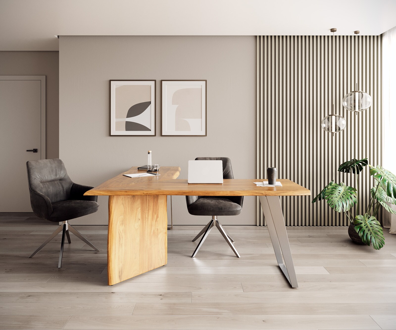 Schreibtisch Live-Edge 170x170 Akazie Natur Gestell Silber Baumkante 1