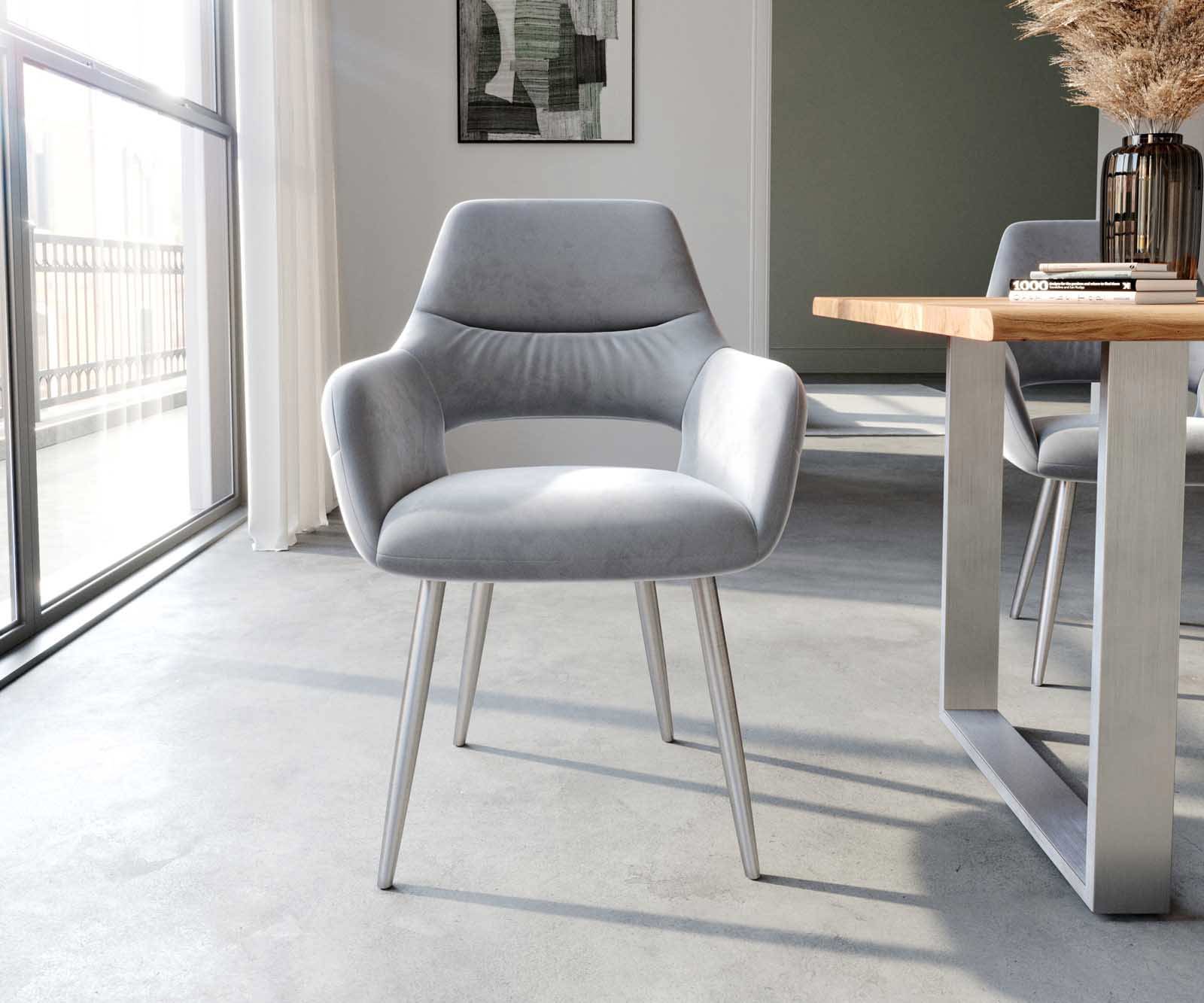 Chaise-de-salle-à-manger Yago-Flex avec accoudoirs velours gris 4 pieds coniques acier inoxydable brossé ressorts ensachés 1