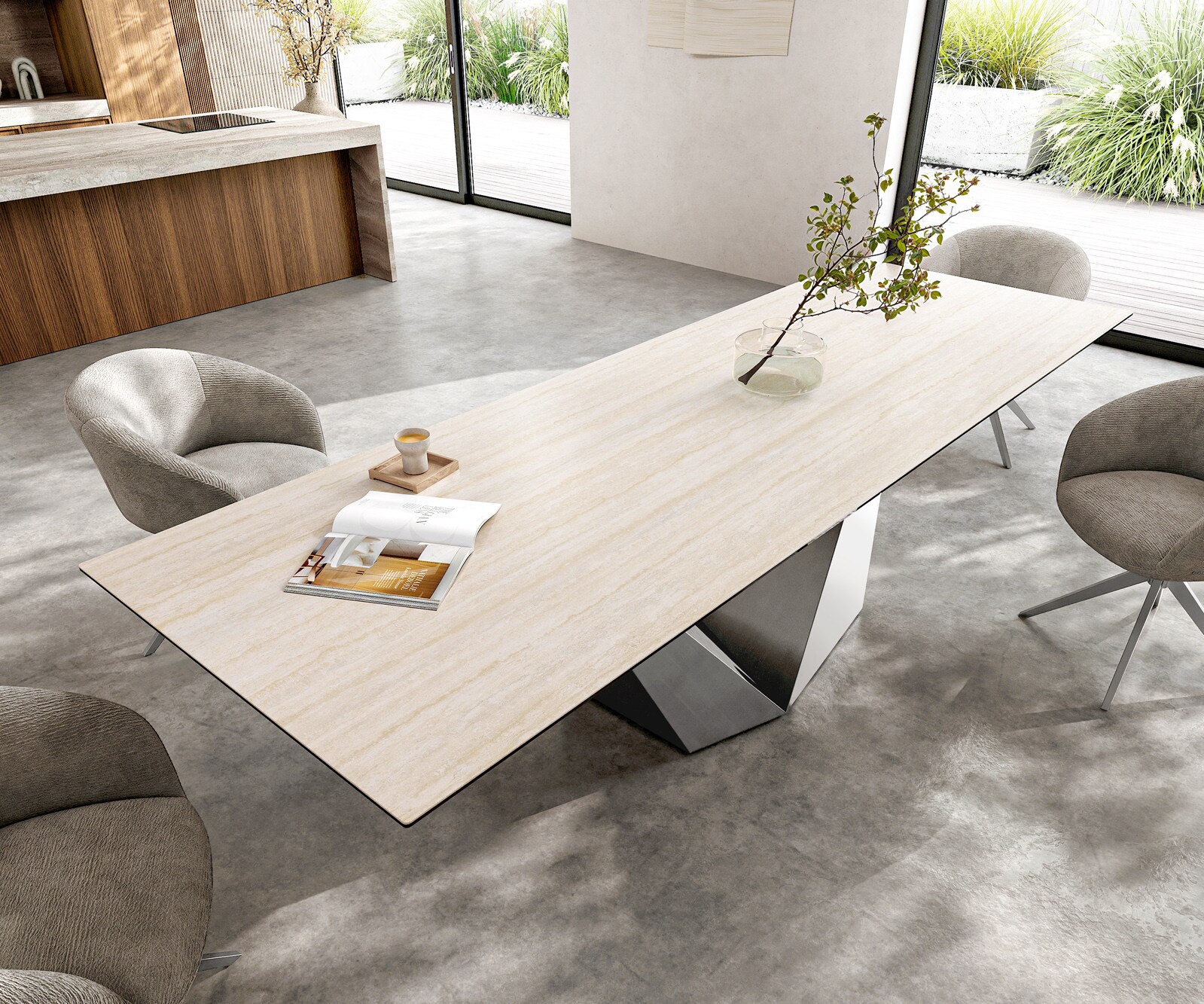 Table à manger Edge 300x100 céramique Laminam® Travertino Bianco crème-blanc Prisma métallique argent 4