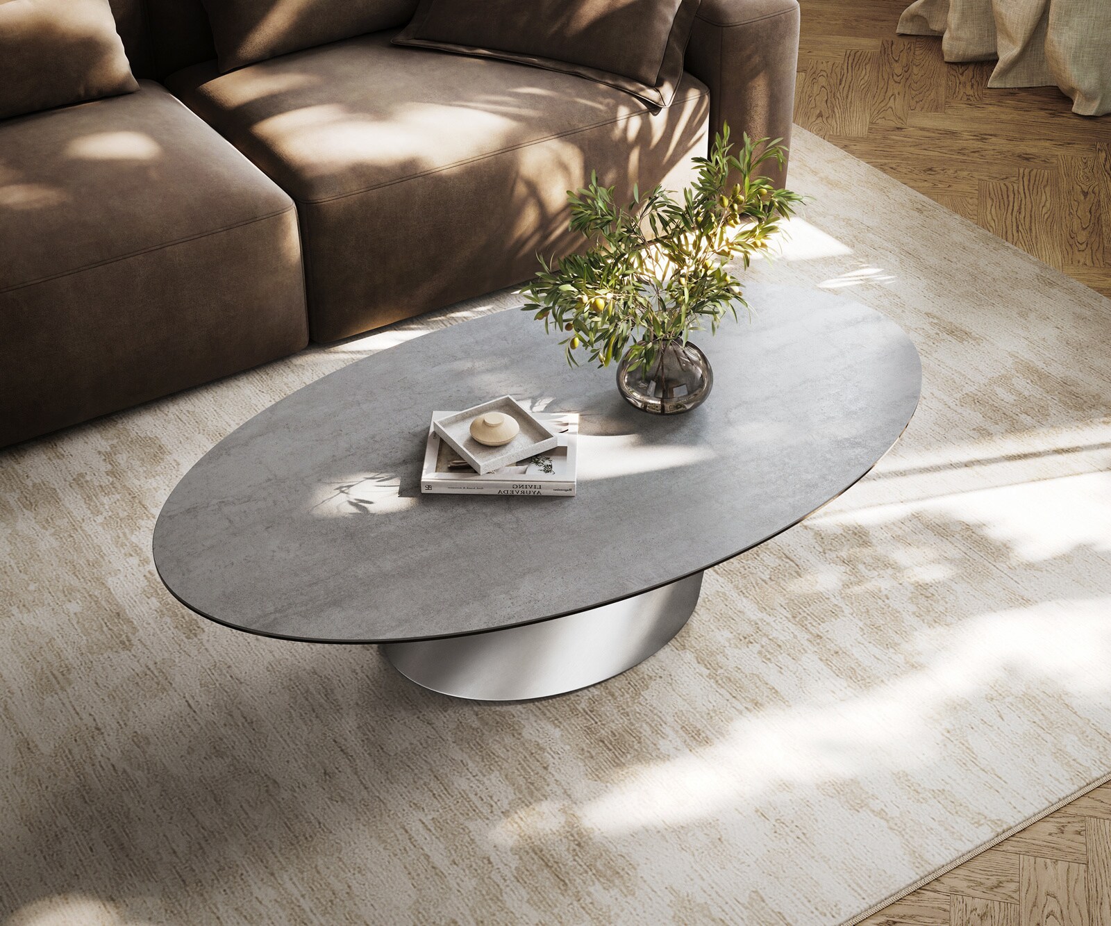 Couchtisch Edge Oval 135x80 cm Keramik Beton Grau Conis Edelstahl gebürstet 4