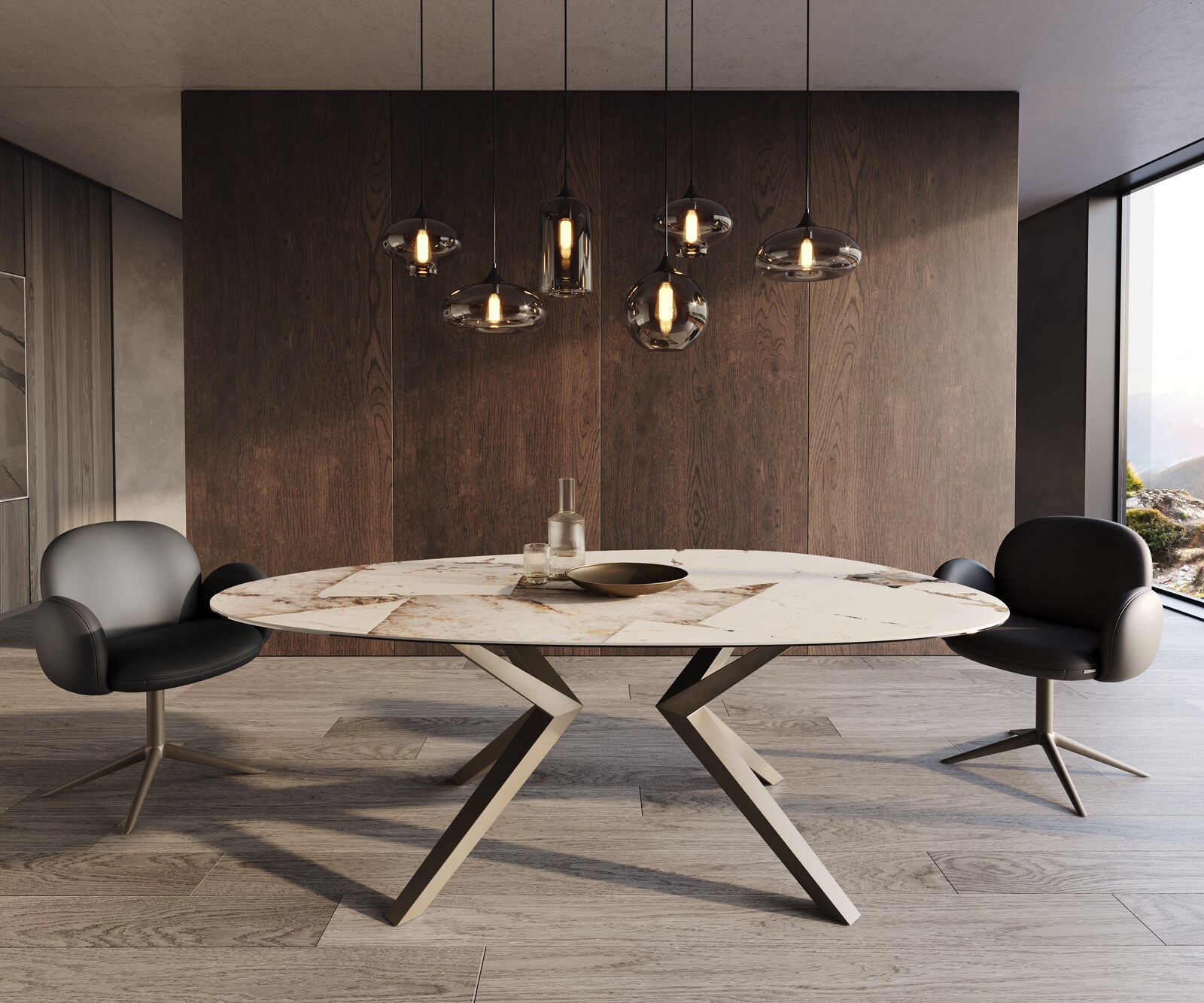 Table à manger Edge Ovale 220x120 Céramique Iris FMG Patagonia Lappato Zenthara anguleux Métal finition à effet Titane 1
