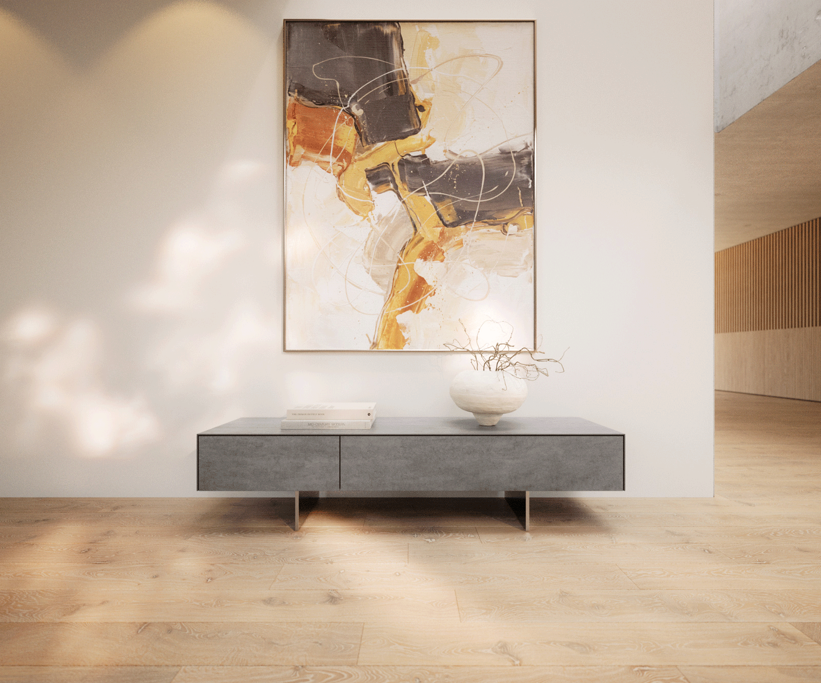 Meuble-TV Cuor 150 cm Céramique Béton gris 1 Clapet 1 Tiroir Pied optique flottant Ancier inoxydable 2