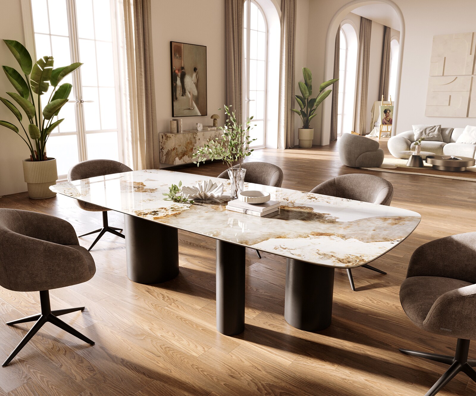 Esstisch Edge Boot 260x120 cm Keramik Minas Melange Weiß-Beige Troa Metall Schwarz