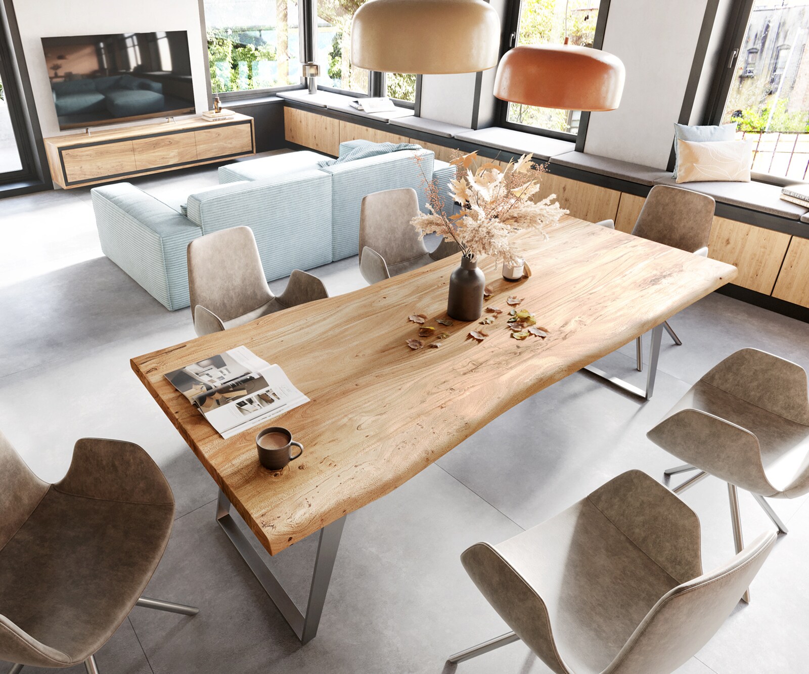 Table à manger Edge 280x100 XL acacia nature acier inoxydable inclinée Live-Edge 3