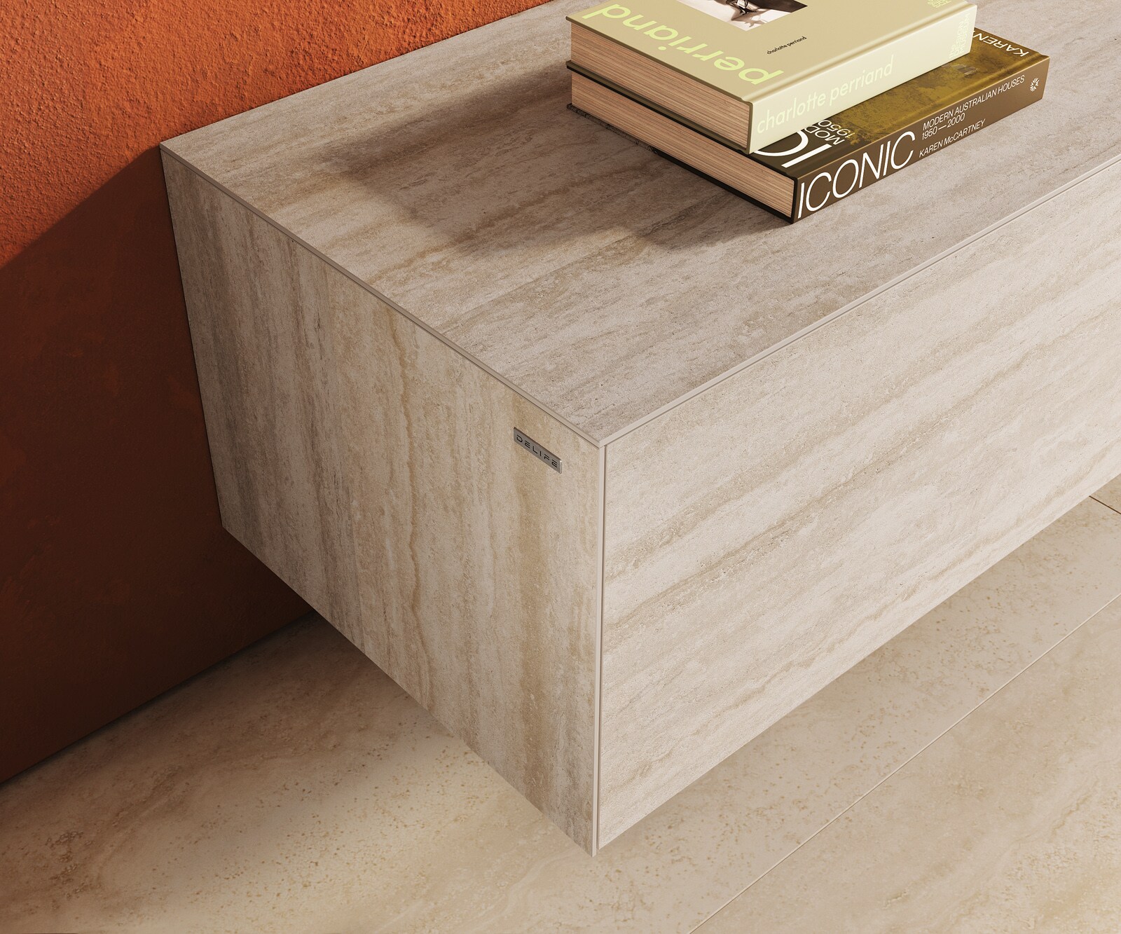 Lowboard Cuor 220 cm Keramik Laminam® Travertino Bianco Creme-Weiß 1 Klappe 2 Schubfächer Schwebend 5