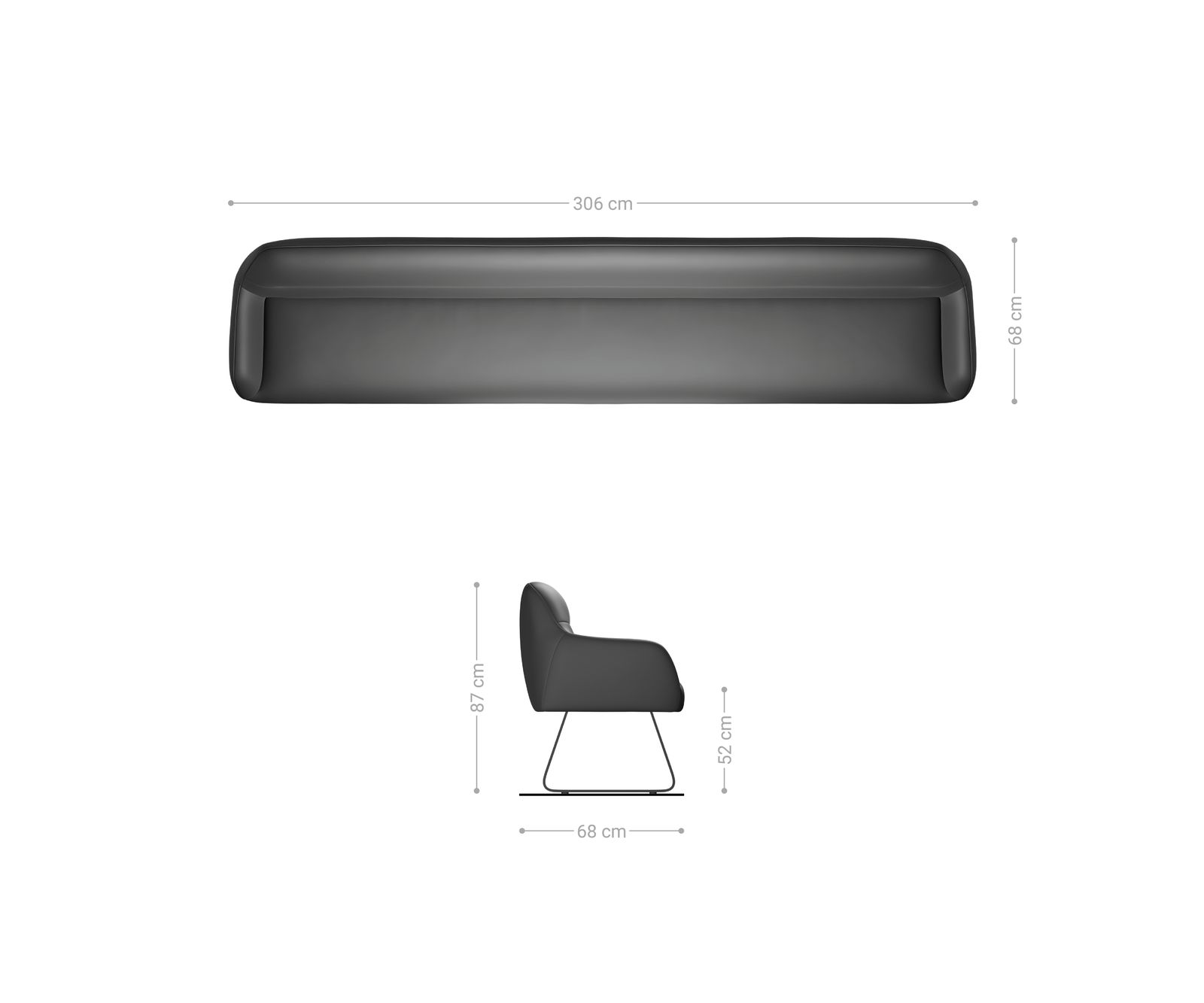 Banc-de-salle-à-manger Taya-Flex 300 cm microfibre antracite vintage châssis à patins plat titane ressort ensaché 8
