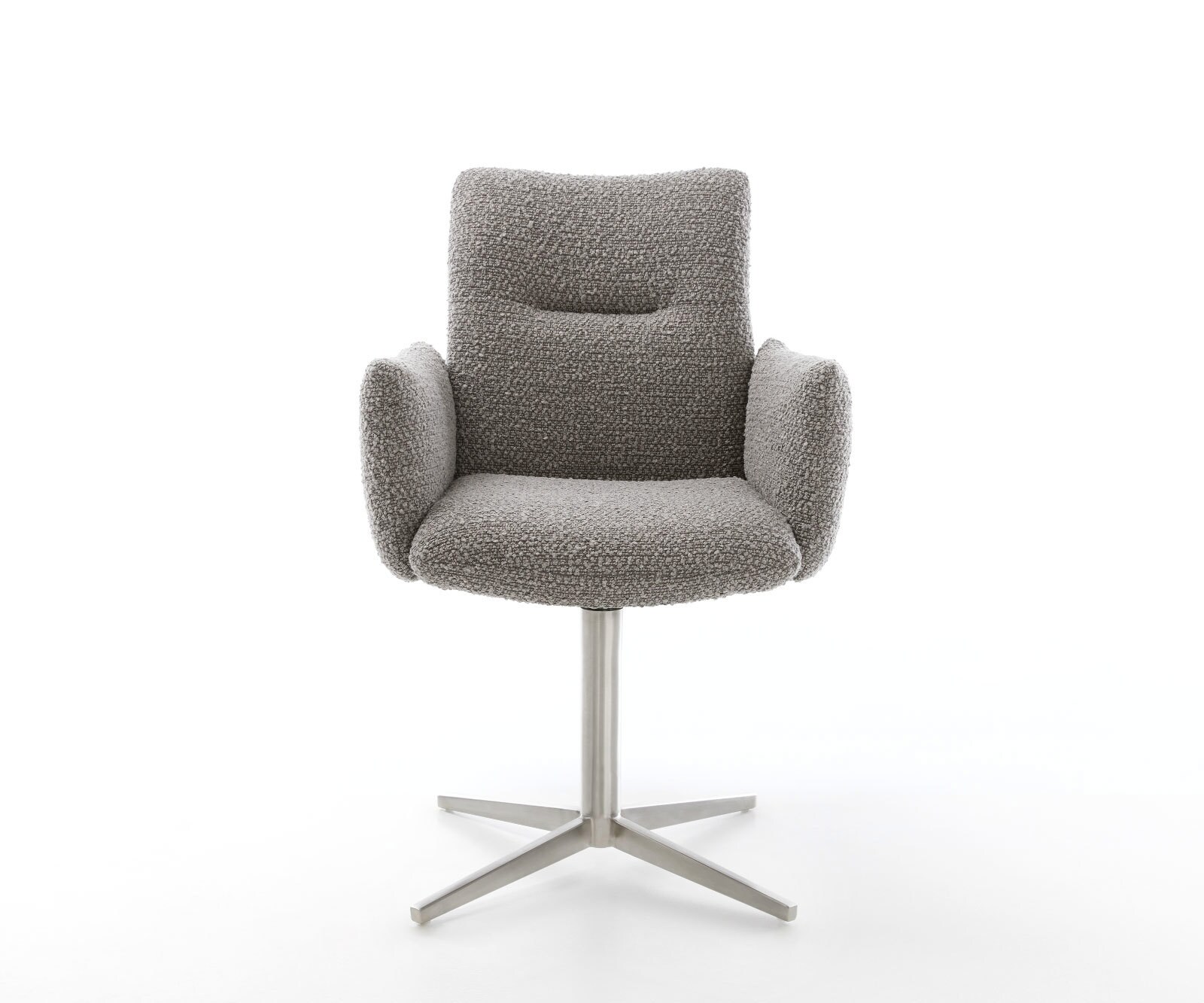 Drehstuhl Jova-Flex mit Armlehnen Bouclé Silbergrau Fußkreuz Edelstahl 360° drehbar Taschenfederkern 1