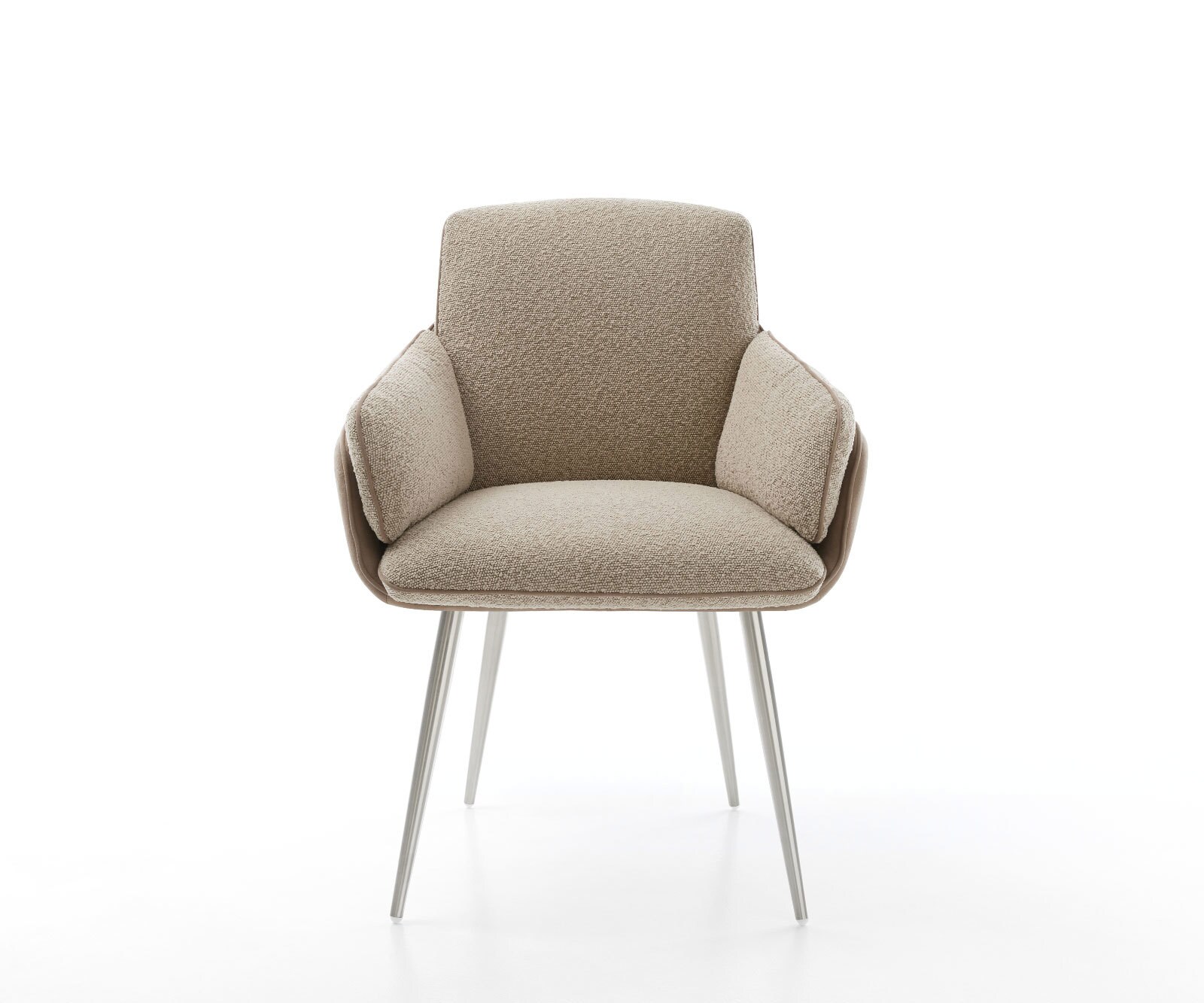 Chaise-de-salle-à-manger Luan-Flex avec accoudoirs tissu mixte couleur boue 4 pieds coniques acier inoxydable brossé 1