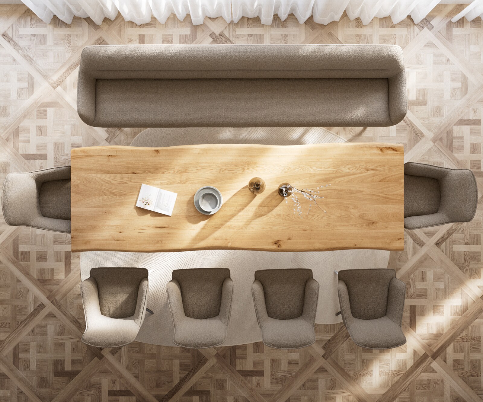 Esszimmerbank Taya-Flex 300 cm Bouclé Schlamm Kufengestell kantig Edelstahl Taschenfederkern 4