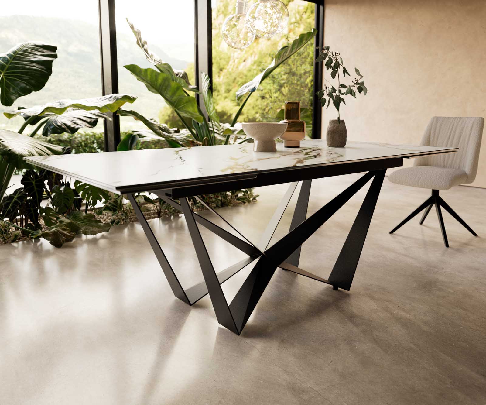 Esstisch Edge 200-300x100 Keramik Calacatta Luxe Weiß-Gold-Grau Spider Flachstahl Schwarz ausziehbar 6
