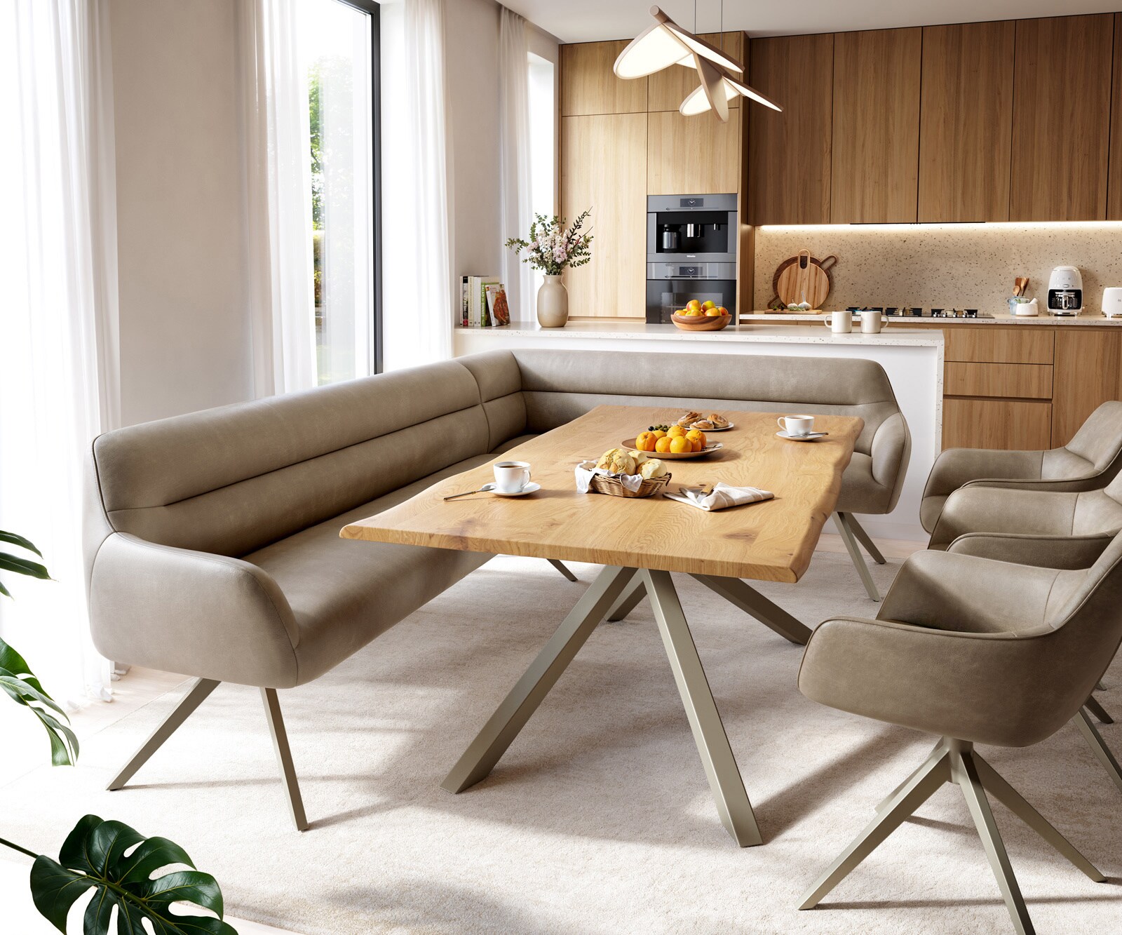 Esszimmerbank Taya-Flex 285x190 cm Mikrofaser Beige Vintage Kreuzgestell kantig Effektfinish Titan Taschenfederkern Links