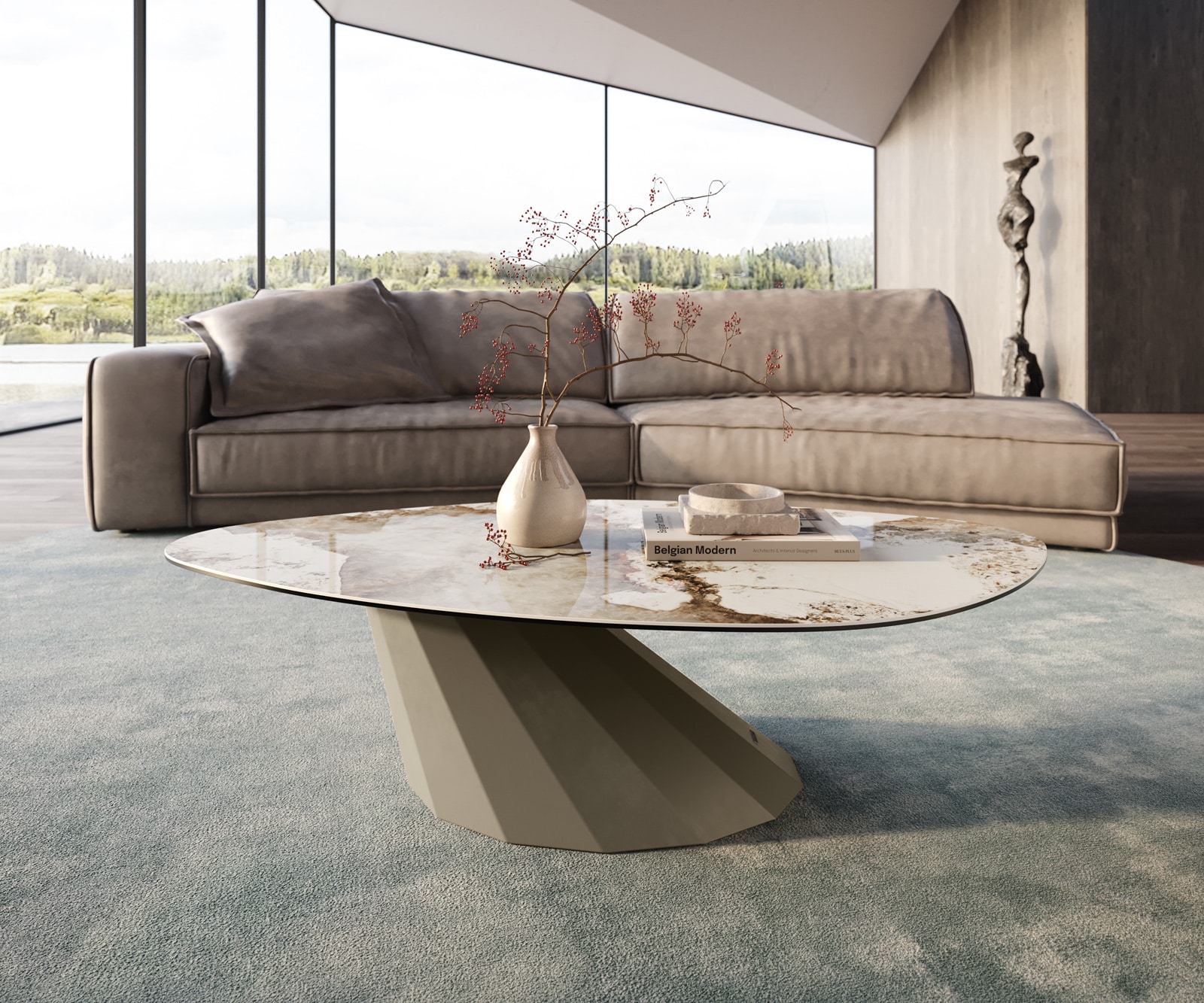 Table basse Edge Organique 140x76 cm céramique Minas Melange Parabi Metall finition effet titane 1