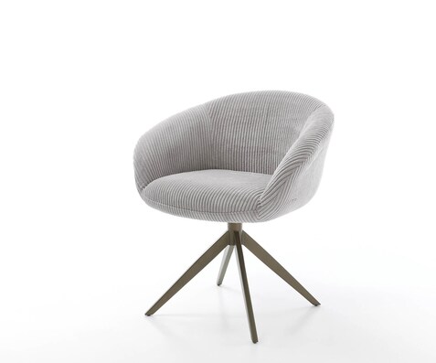 Chaise-pivotante Vinka-Flex avec accoudoirs côtelé gris argenté pied croisé large aspect titane pivotement sur 360° ressorts ensachés