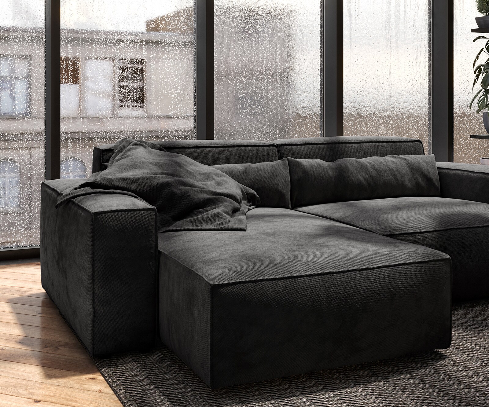 Canapé d'angle Sirpio 230x155 cm Microfibre Noir Recamiere variable avec Tabouret 4