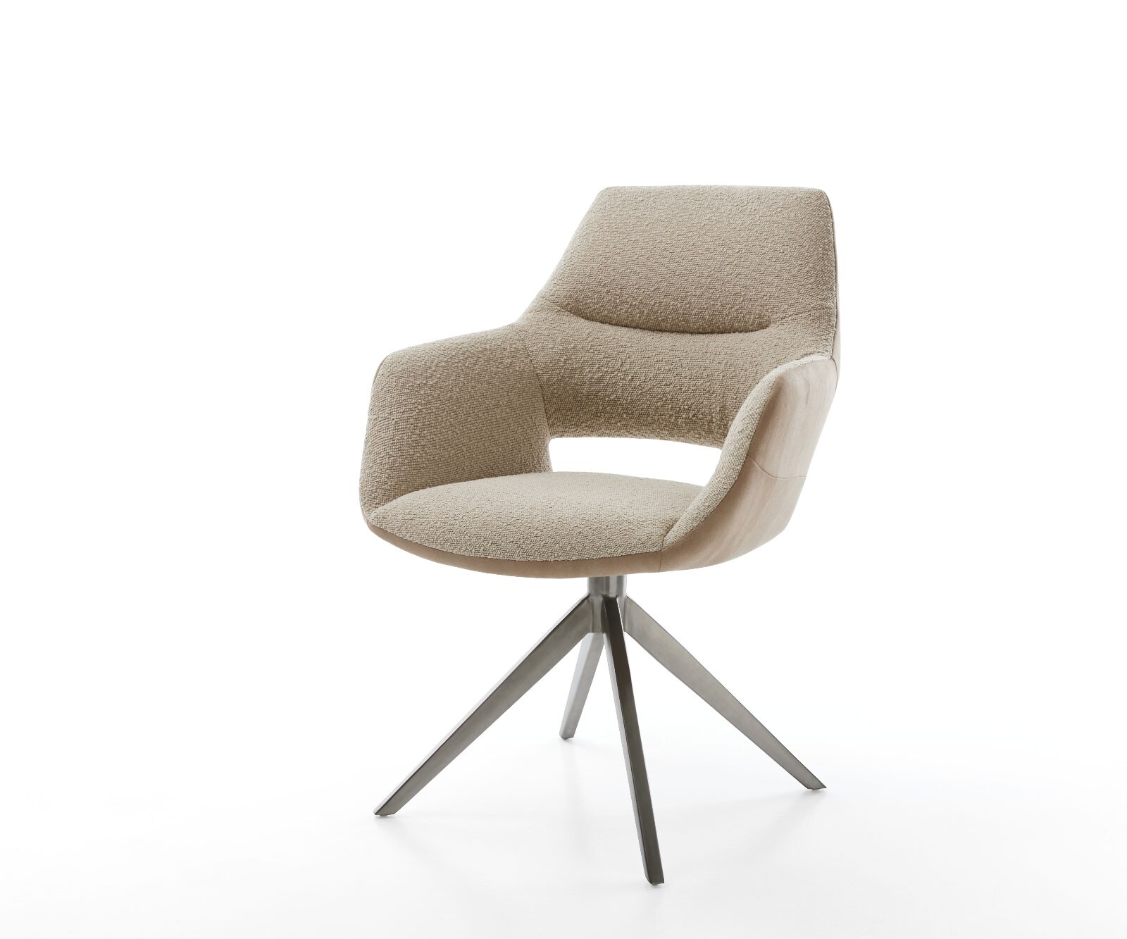Chaise-pivotante Yago-Flex avec accoudoirs tissu mixte couleur boue pied croisé large acier inoxydable brossé pivotement sur 360° fonction bascule ressorts ensachés