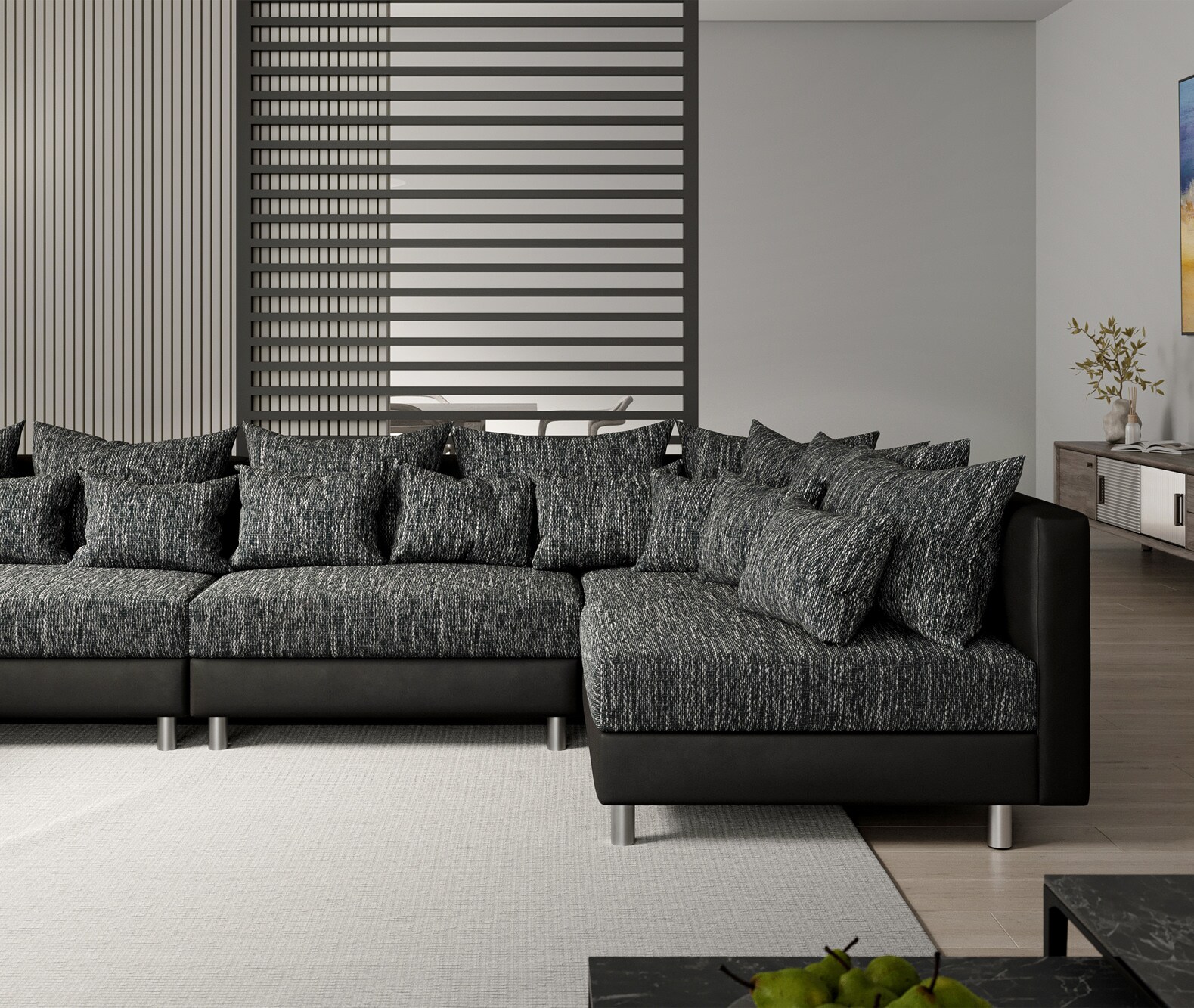 Canapé-Panoramique Clovis XL Canapé modulable noir avec tabouret  5