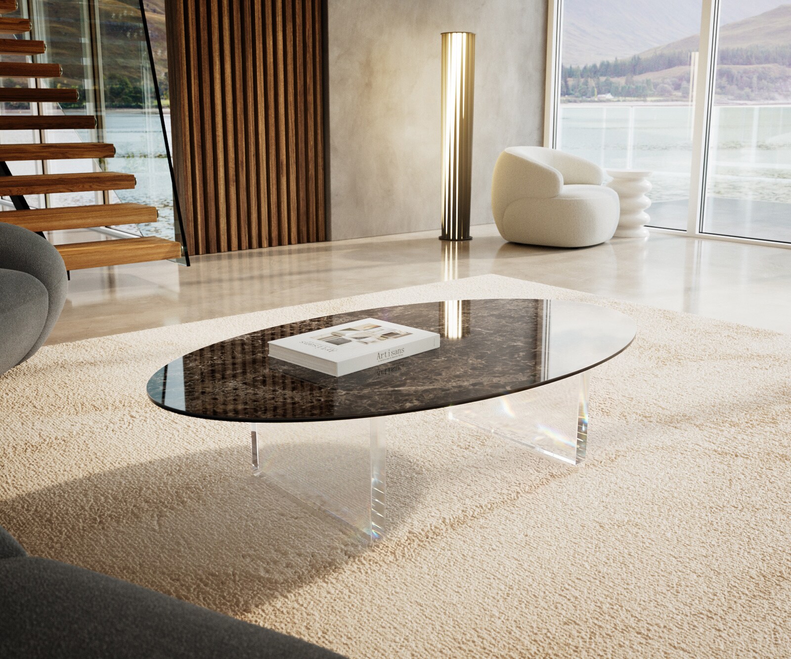 Couchtisch Edge Oval 140x80 cm Keramik Emperador Extra Lucidato Dunkelbraun Lumia Acryl