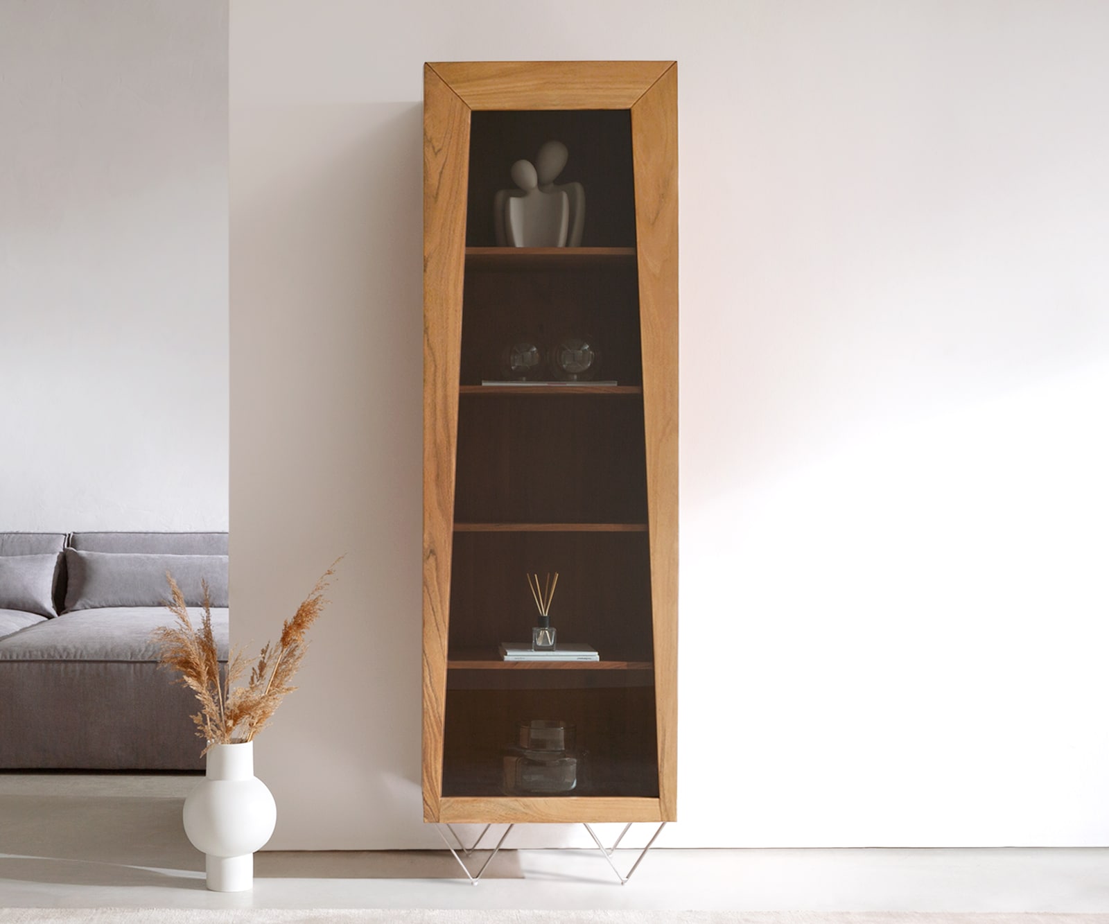 Buffet-haut Kayu 55x180 cm acacia naturel vitrine 1 porte pied en V 1 Buffet-haut Kayu 55x180 cm acacia naturel vitrine 1 porte pied en V 1