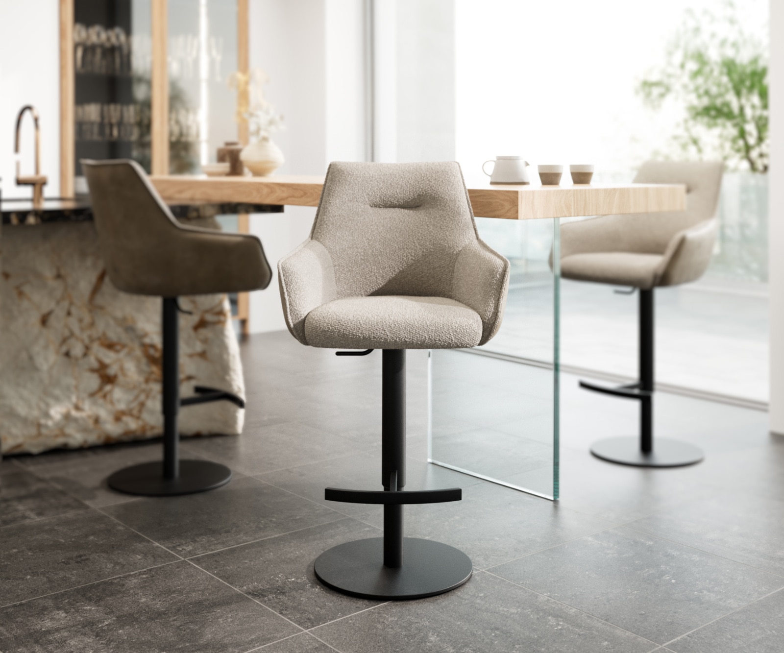 Barstuhl Alja-Flex Materialmix Mikrofaser Schlamm / Bouclé Schlamm Drehfußhöhenverstellbar Metall Schwarz drehbar Taschenfederkern 2